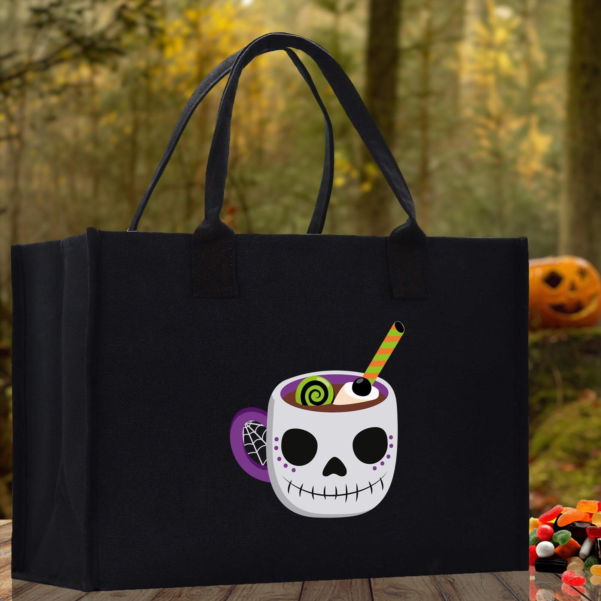 Halloween Trick or Treat Tote Bag Halloween Tote Bag for Kids Halloween Gift Halloween Candy Bag Halloween Doodles Cute Canvas Tote Bag - Aaria Tees Aaria Tees