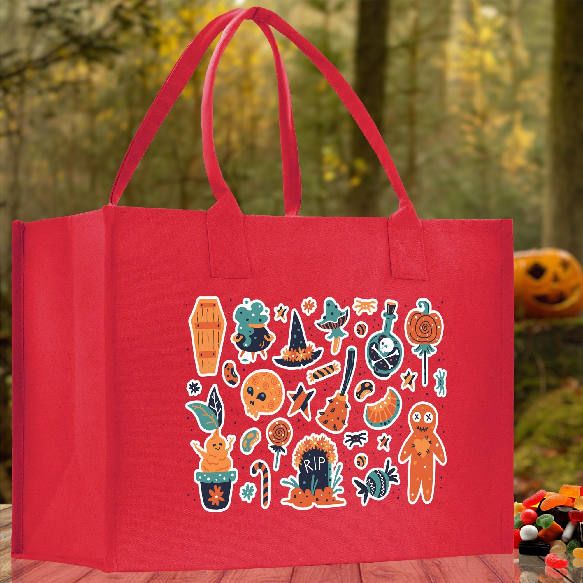Halloween Trick or Treat Tote Bag Halloween Tote Bag for Kids Halloween Gift Halloween Candy Bag Halloween Doodles Cute Canvas Tote Bag - Aaria Tees Aaria Tees
