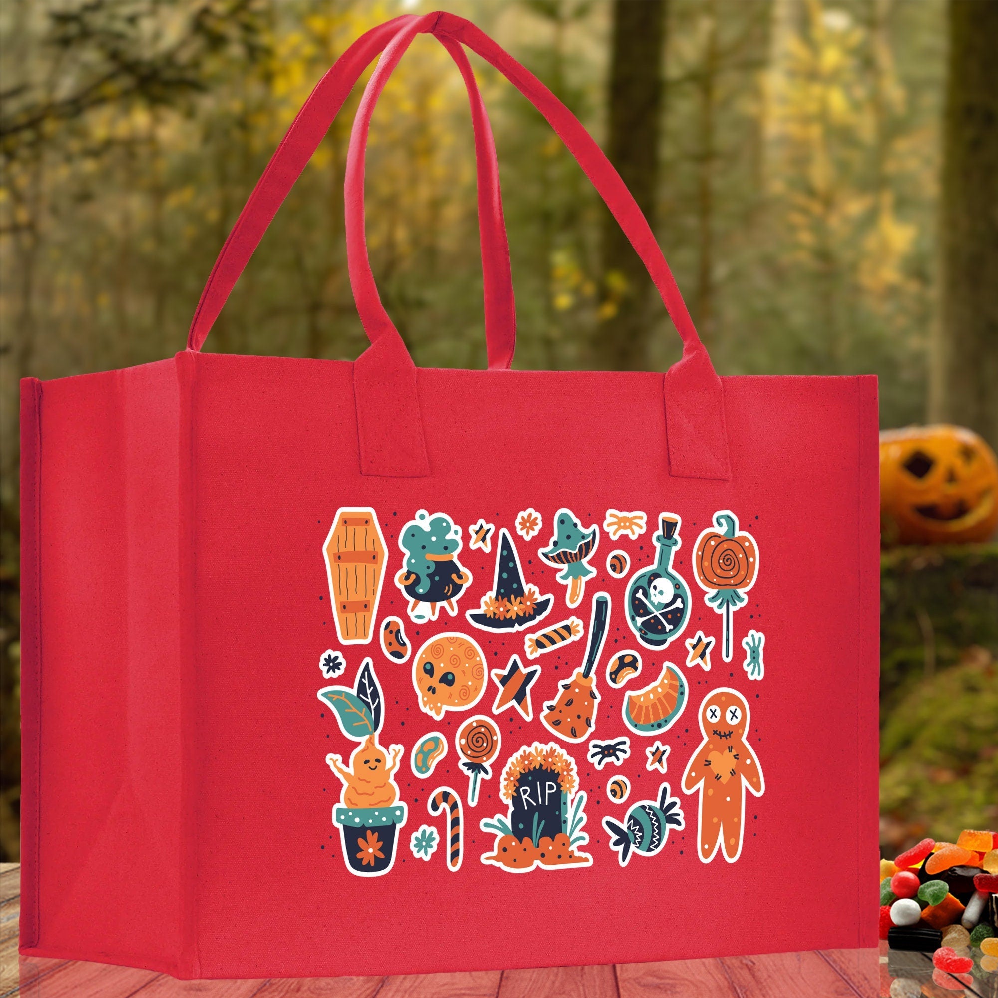 Halloween Trick or Treat Tote Bag Halloween Tote Bag for Kids Halloween Gift Halloween Candy Bag Halloween Doodles Cute Canvas Tote Bag - Aaria Tees Aaria Tees