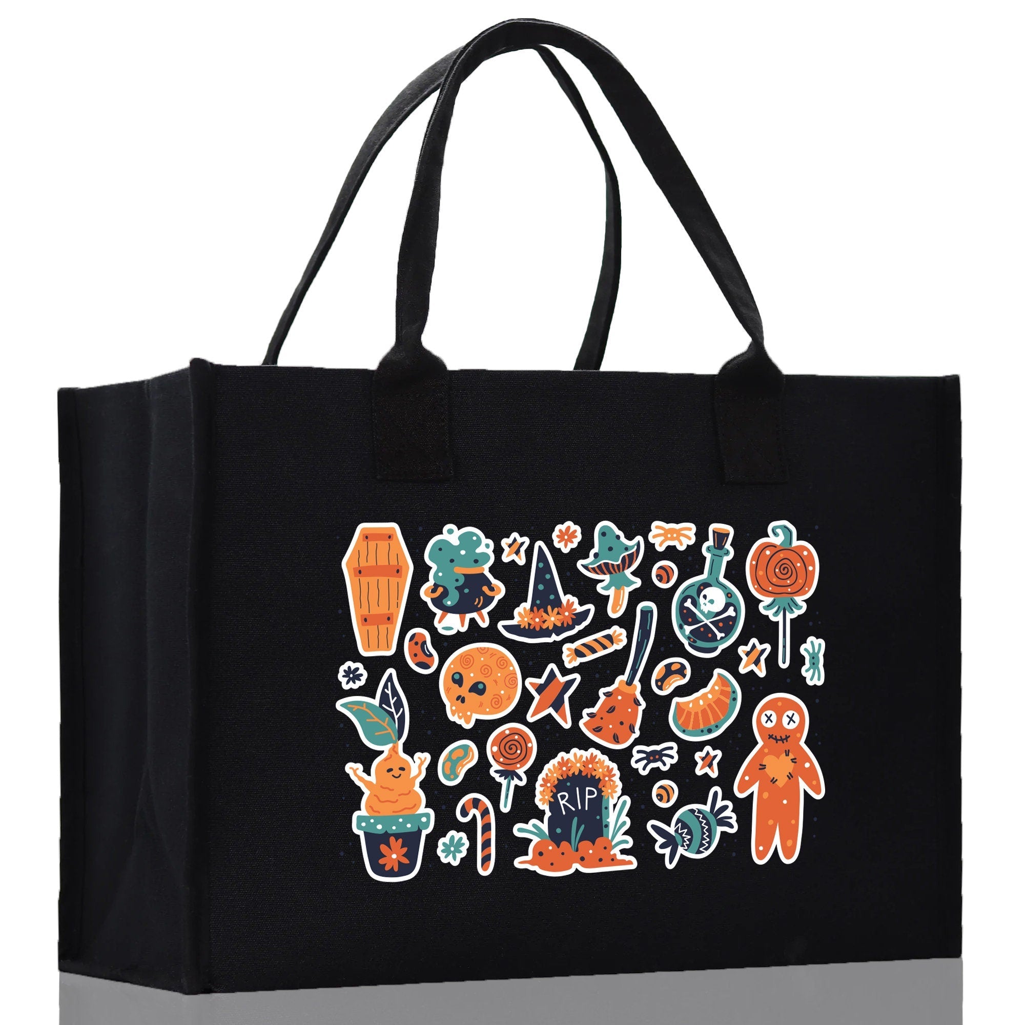 Halloween Trick or Treat Tote Bag Halloween Tote Bag for Kids Halloween Gift Halloween Candy Bag Halloween Doodles Cute Canvas Tote Bag - Aaria Tees Aaria Tees