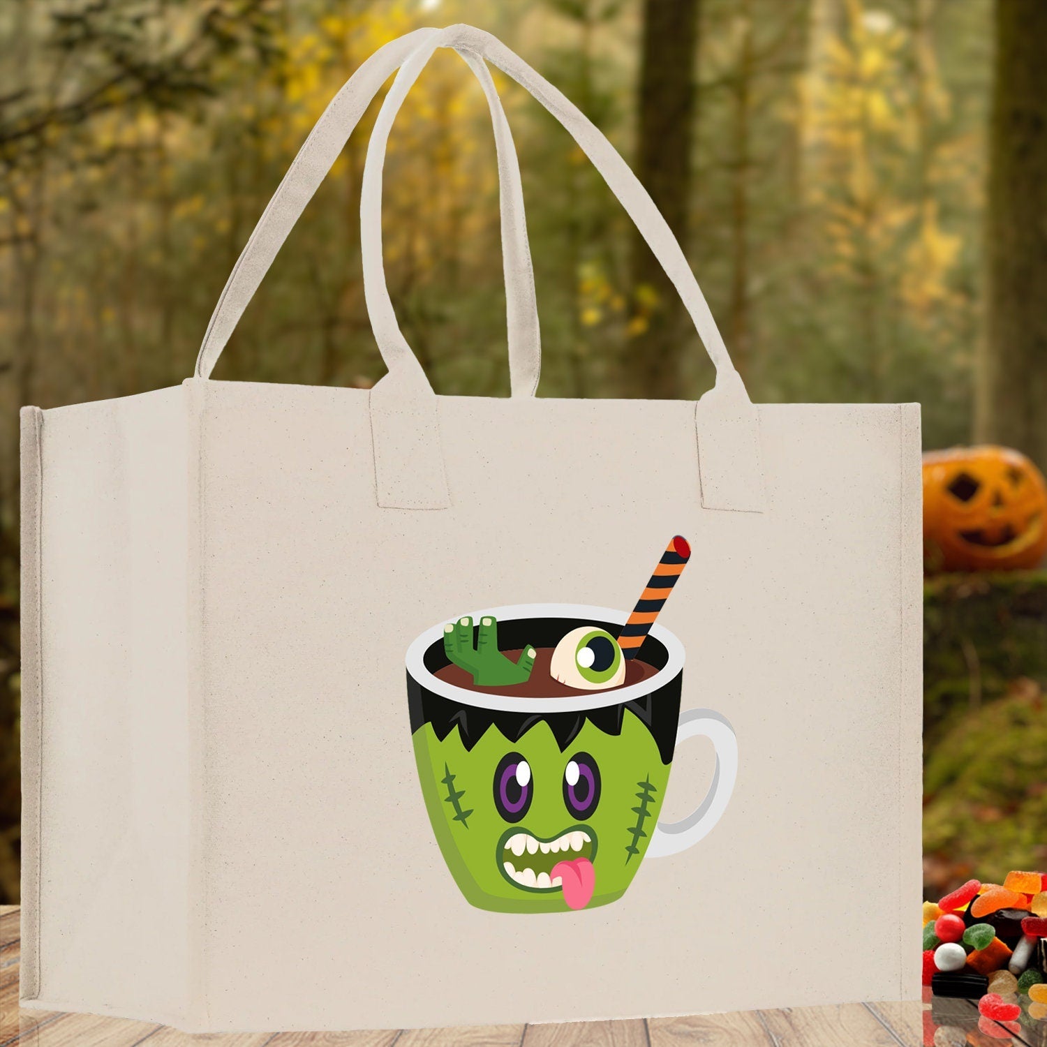 Halloween Trick or Treat Tote Bag Halloween Tote Bag for Kids Halloween Gift Halloween Candy Bag Halloween Doodles Cute Canvas Tote Bag - Aaria Tees Aaria Tees
