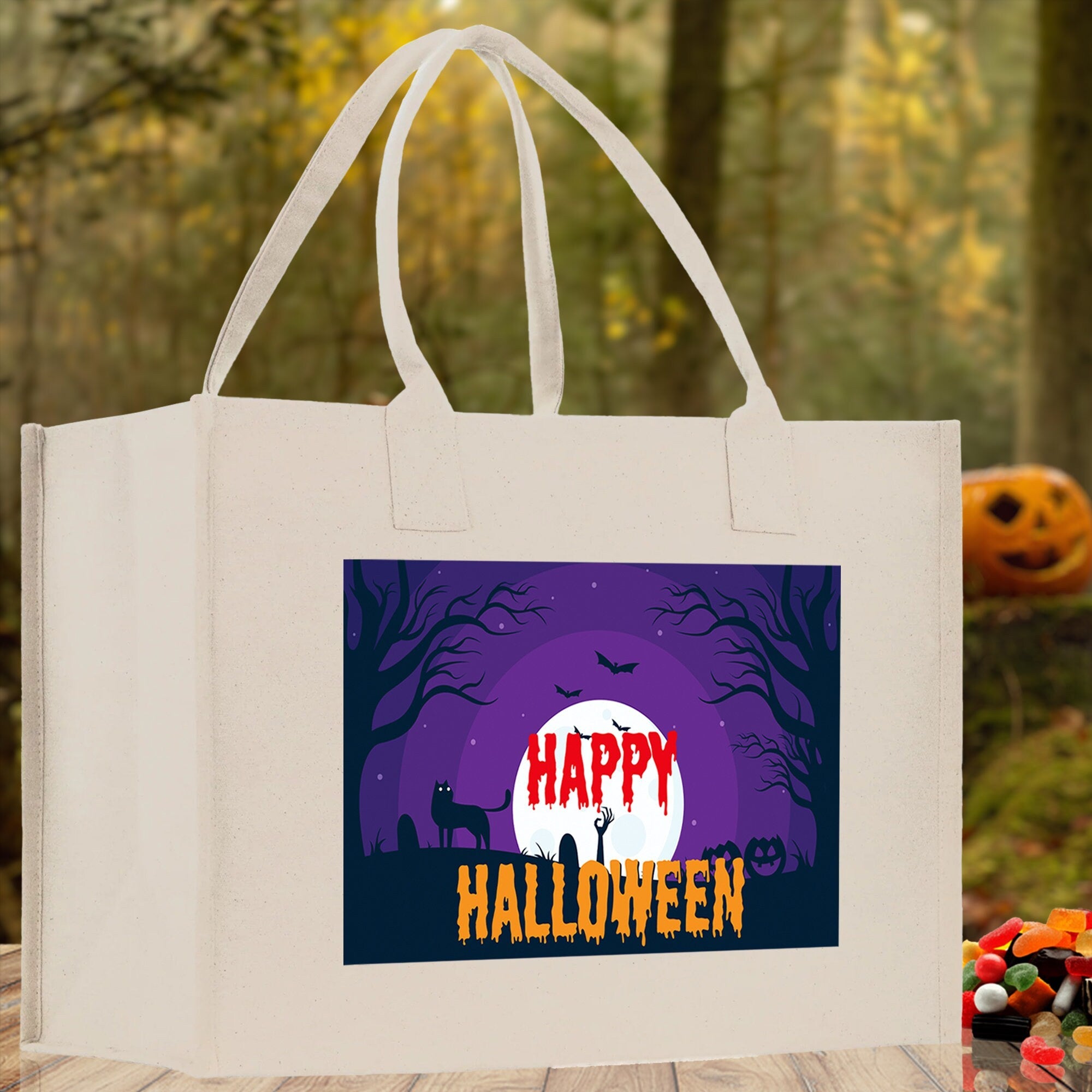 Halloween Trick or Treat Tote Bag Halloween Tote Bag for Kids Halloween Gift Halloween Candy Bag Halloween Doodles Cute Canvas Tote Bag - Aaria Tees Aaria Tees