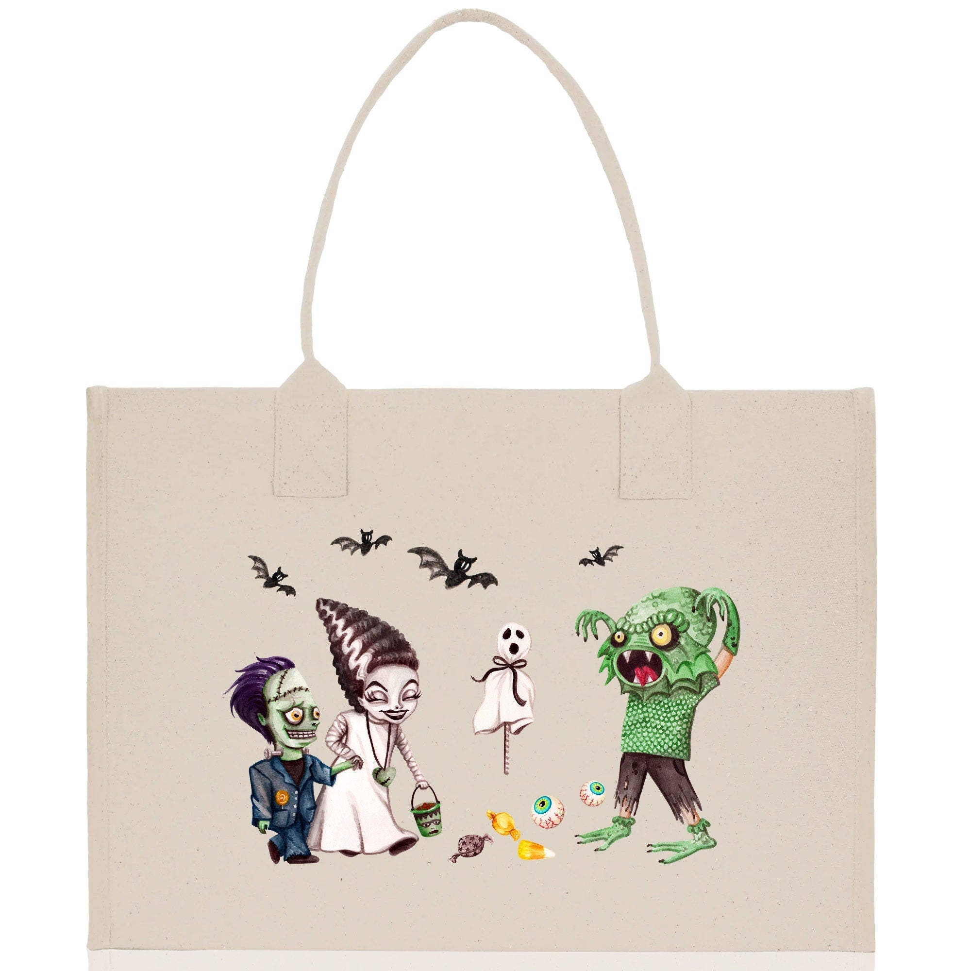 Halloween Trick or Treat Tote Bag Halloween Tote Bag for Kids Halloween Gift Halloween Candy Bag Halloween Doodles Cute Canvas Tote Bag - Aaria Tees Aaria Tees