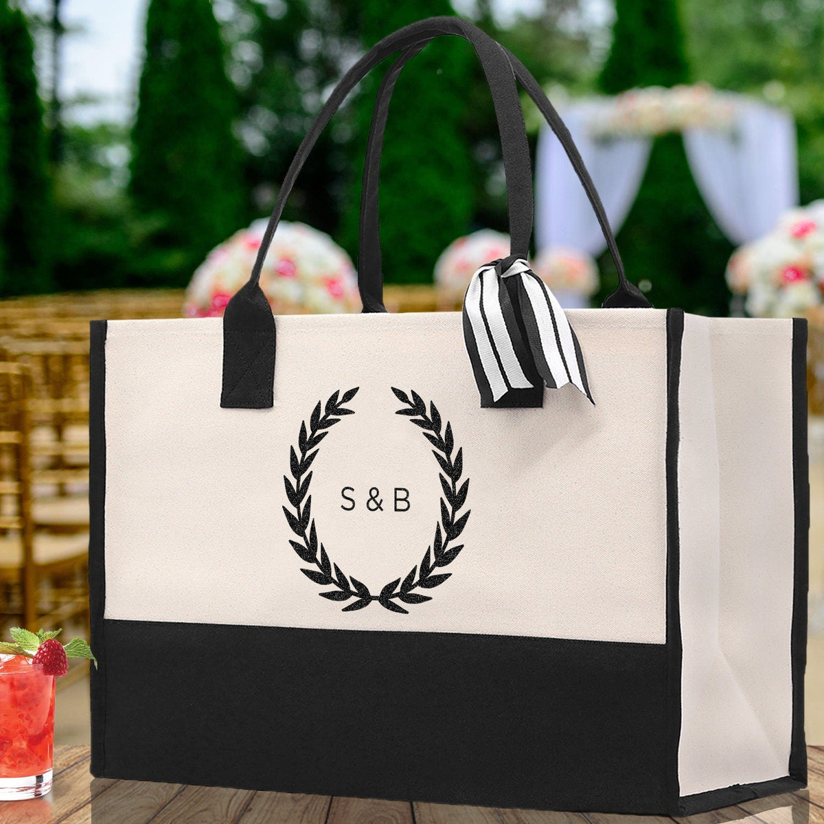 Wedding Monogram Welcome Canvas Tote Bag with Wreath Personalized Wedding Gift Welcome Bag Favor for Guests Custom Wedding Guest Gift - Aaria Tees