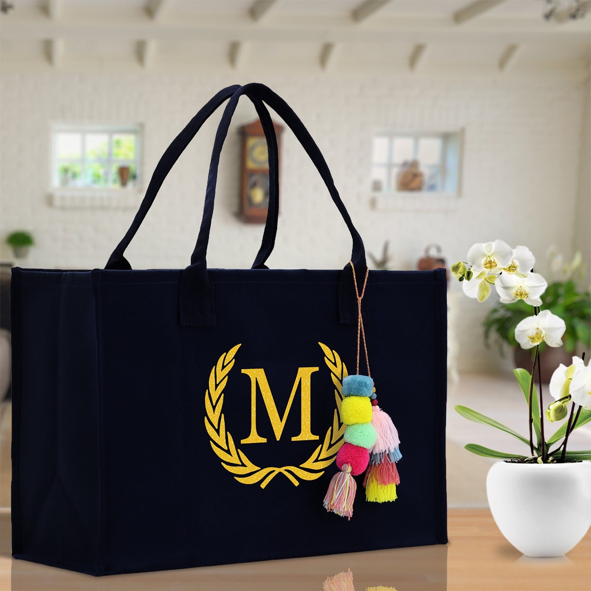 Personalized Gift Monogram Initial 100% Cotton Canvas Chic Tote Bag, Beach Bag, A-Z with Black and Navy Color Options - Aaria Tees Aaria Tees