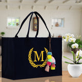 Personalized Gift Monogram Initial 100% Cotton Canvas Chic Tote Bag, Beach Bag, A-Z with Black and Navy Color Options - Aaria Tees Aaria Tees