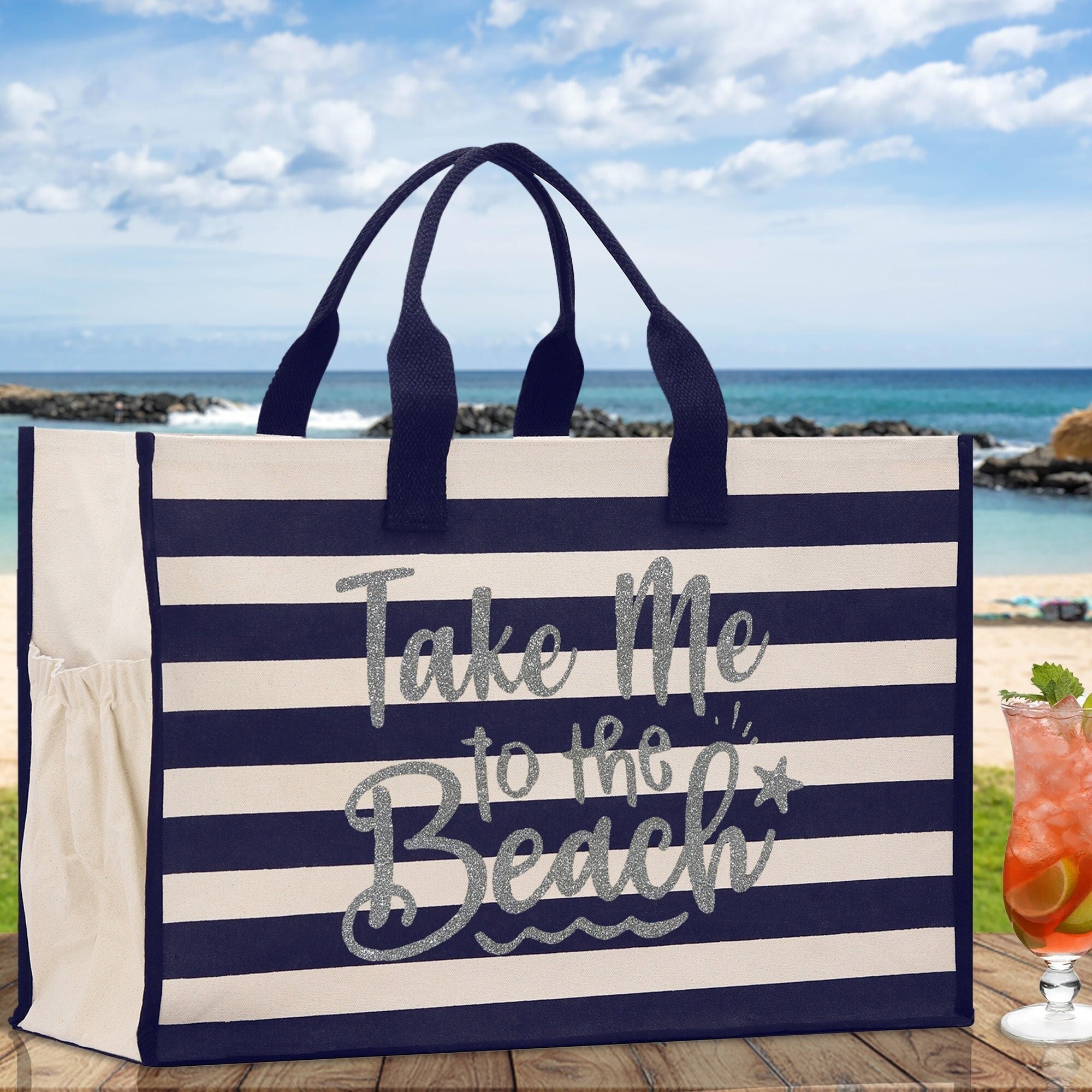 Take Me To The Beach Cabana Tote Bag XL - Oversized Chic Tote Bag with Zipper and Inner Pocket - Beach Bag for Women - Weekender Beach Tote - Aaria Tees Aaria Tees