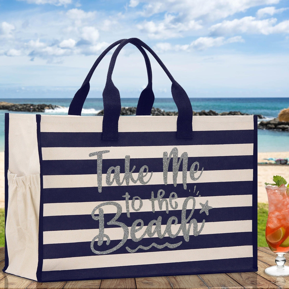 Take Me To The Beach Cabana Tote Bag XL - Oversized Chic Tote Bag with Zipper and Inner Pocket - Beach Bag for Women - Weekender Beach Tote - Aaria Tees
