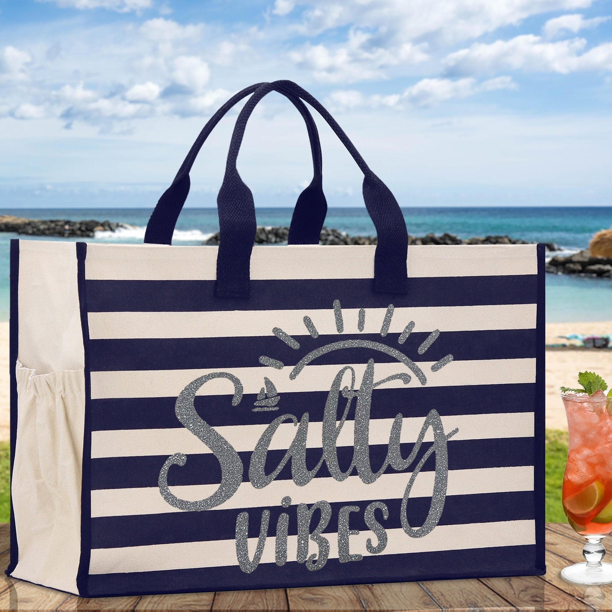 Salty Vibes Cabana Tote Bag XL - Oversized Chic Tote Bag with Zipper and Inner Pocket - Beach Bag for Women - Weekender Beach Tote - Aaria Tees Aaria Tees