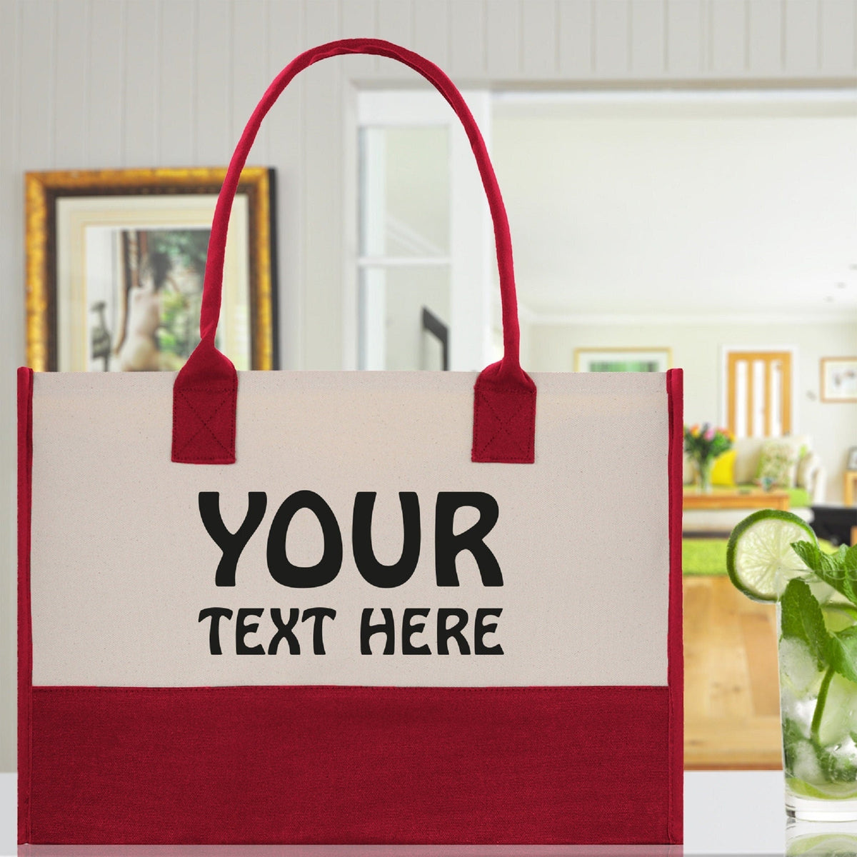 Customized Embroidered Name Tote Bag 100% Cotton Canvas and a Chic Personalized Tote Bag, Beach Bag, Market Bag, Bridesmaid Bag - Red - Aaria Tees