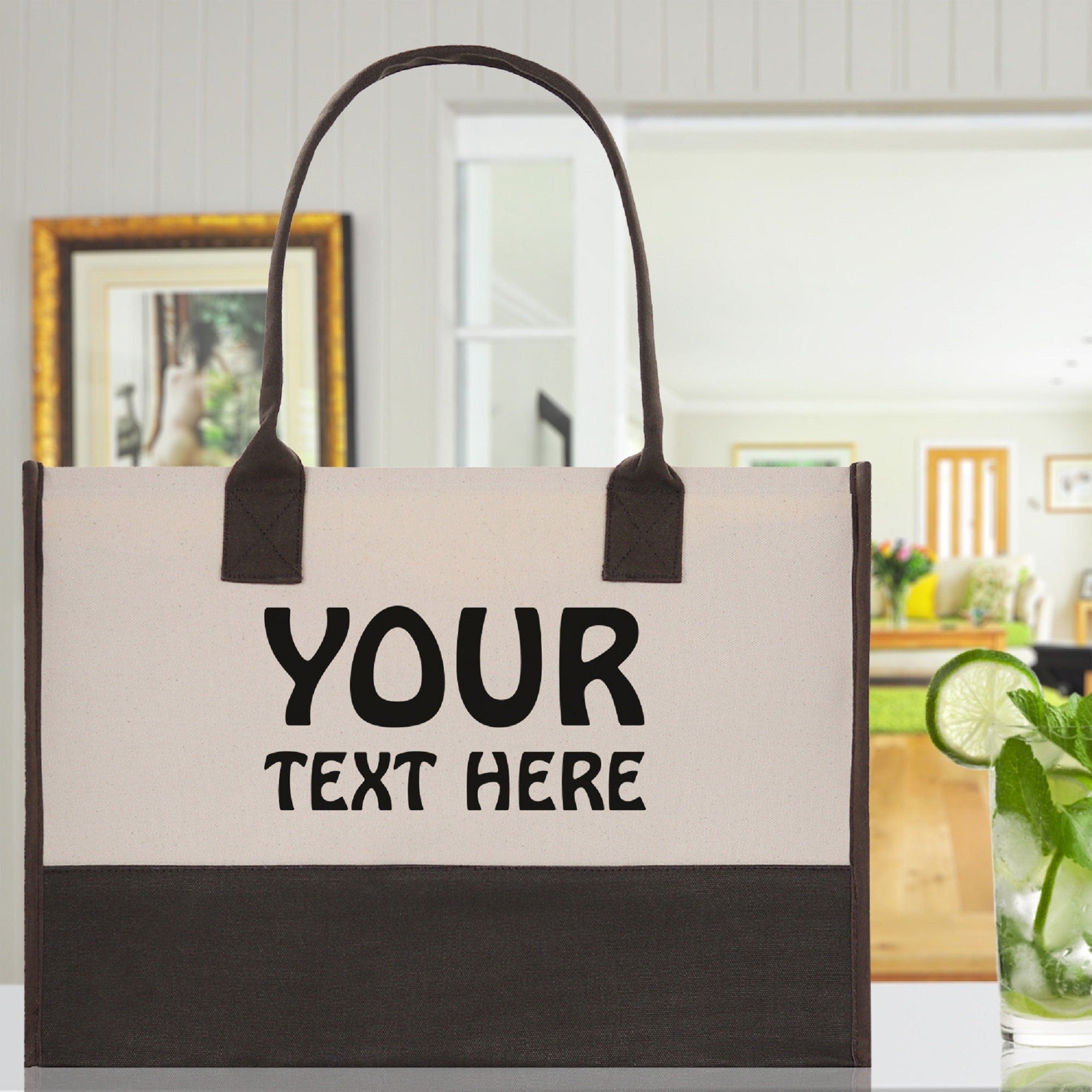 Customized Embroidered Name Tote Bag 100% Cotton Canvas and a Chic Personalized Tote Bag, Beach Bag, Market Bag, Bridesmaid Bag - Brown - Aaria Tees Aaria Tees