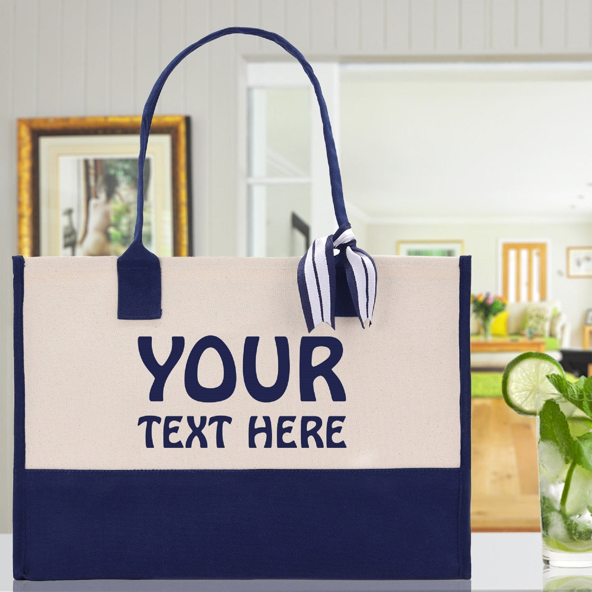 Graduation Gift Customized Embroidered Name Tote Bag 100% Cotton Canvas and a Chic Personalized Tote Bag, Beach Bag, Bridesmaid Bag - Navy - Aaria Tees