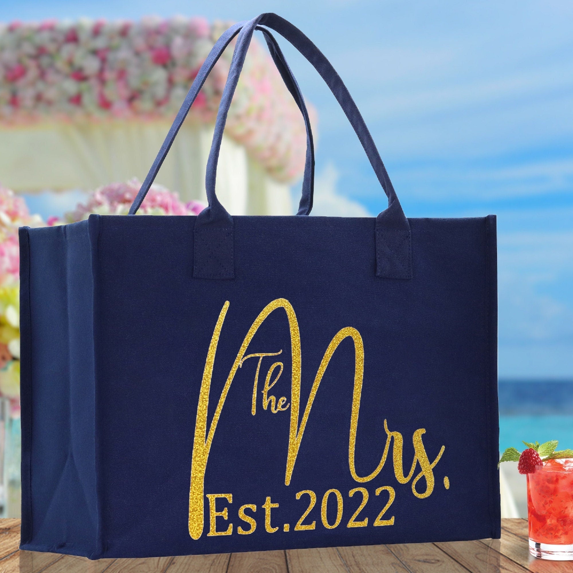 The Mrs. Est. 2022 Large Print Tote Bag 100% Cotton Canvas Bridal Party Tote Bachelorette Bag Bridal Chic Tote Bags Wedding Totes - Aaria Tees Aaria Tees