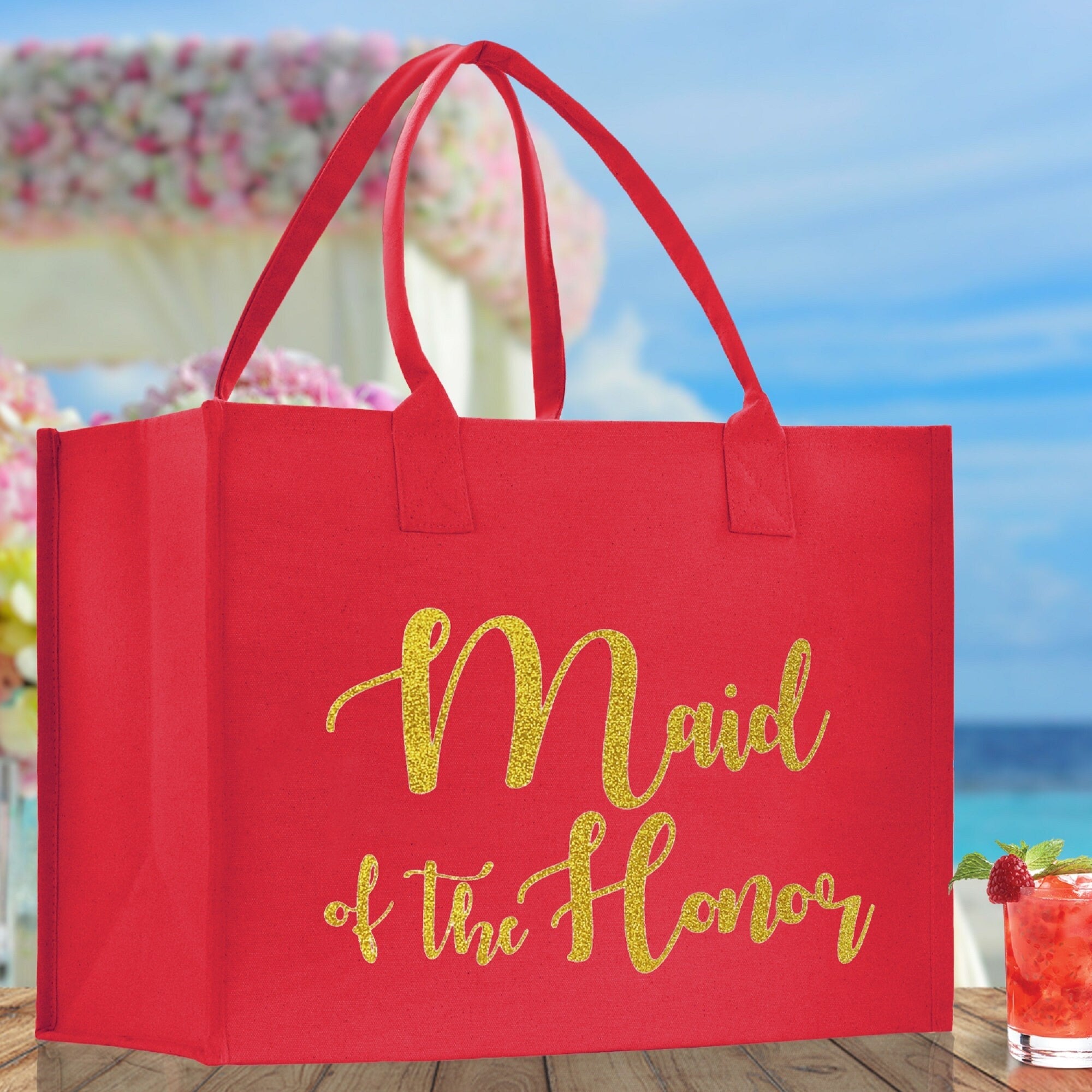 Maid of The Honor Large Print Tote Bag 100% Cotton Canvas Bridal Party Tote Bachelorette Bag Bridal Chic Tote Bags Wedding Totes - Aaria Tees Aaria Tees