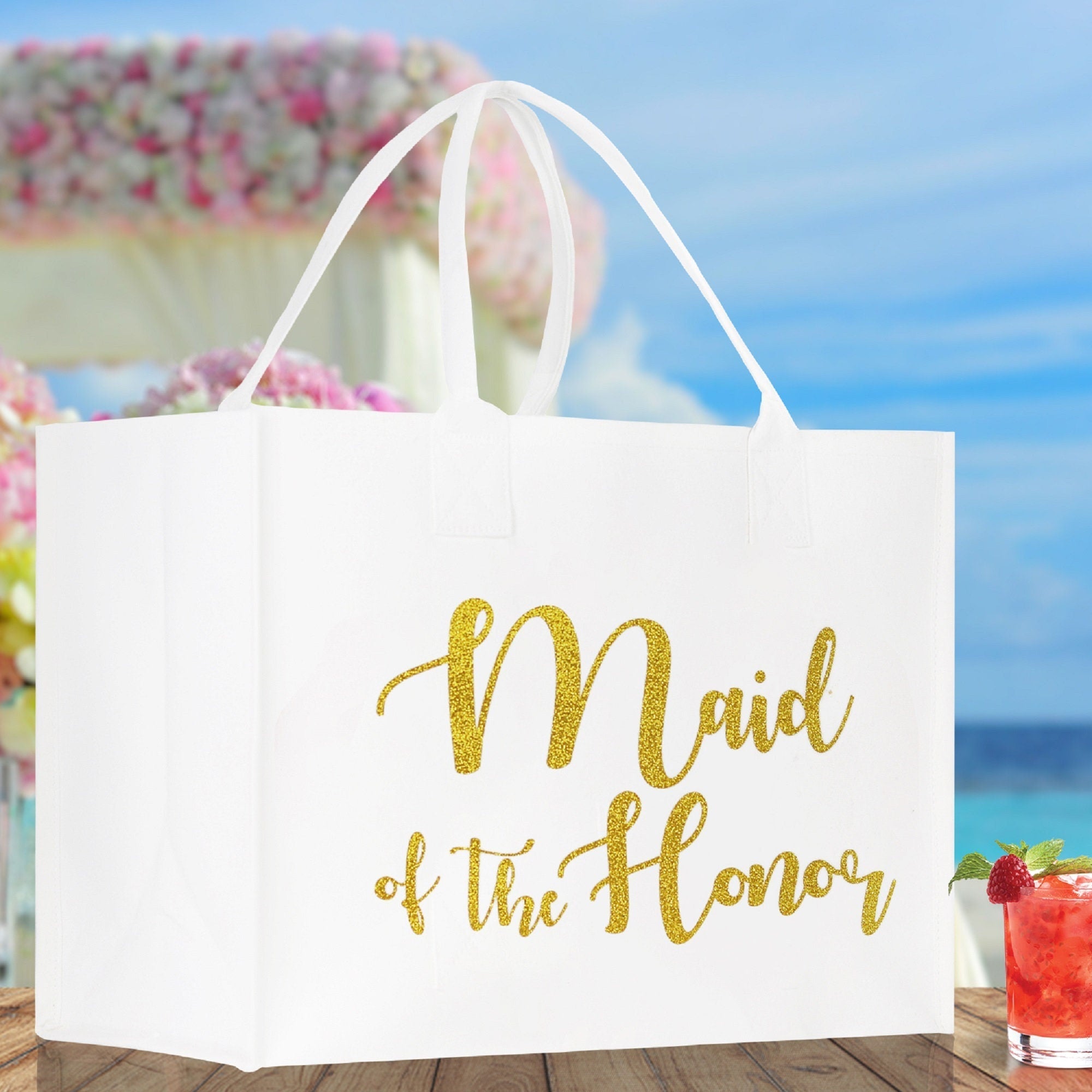 Maid of The Honor Large Print Tote Bag 100% Cotton Canvas Bridal Party Tote Bachelorette Bag Bridal Chic Tote Bags Wedding Totes - Aaria Tees Aaria Tees