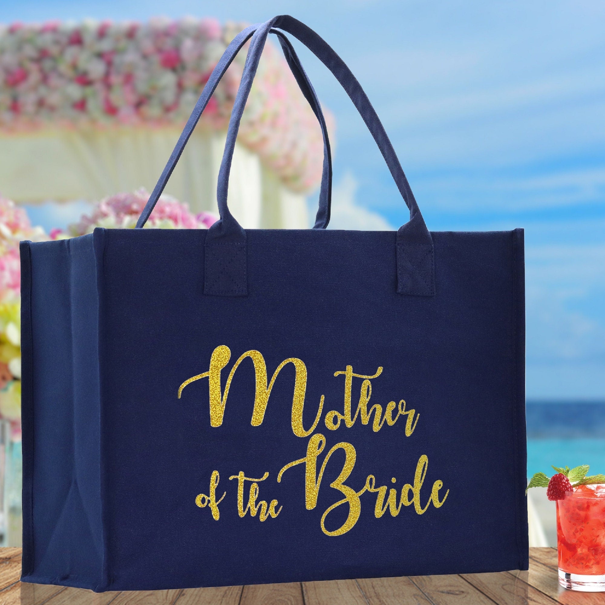 Mother of The Bride Large Print Tote Bag 100% Cotton Canvas Bridal Party Tote Bachelorette Bag Bridal Chic Tote Bags Wedding Totes - Aaria Tees Aaria Tees