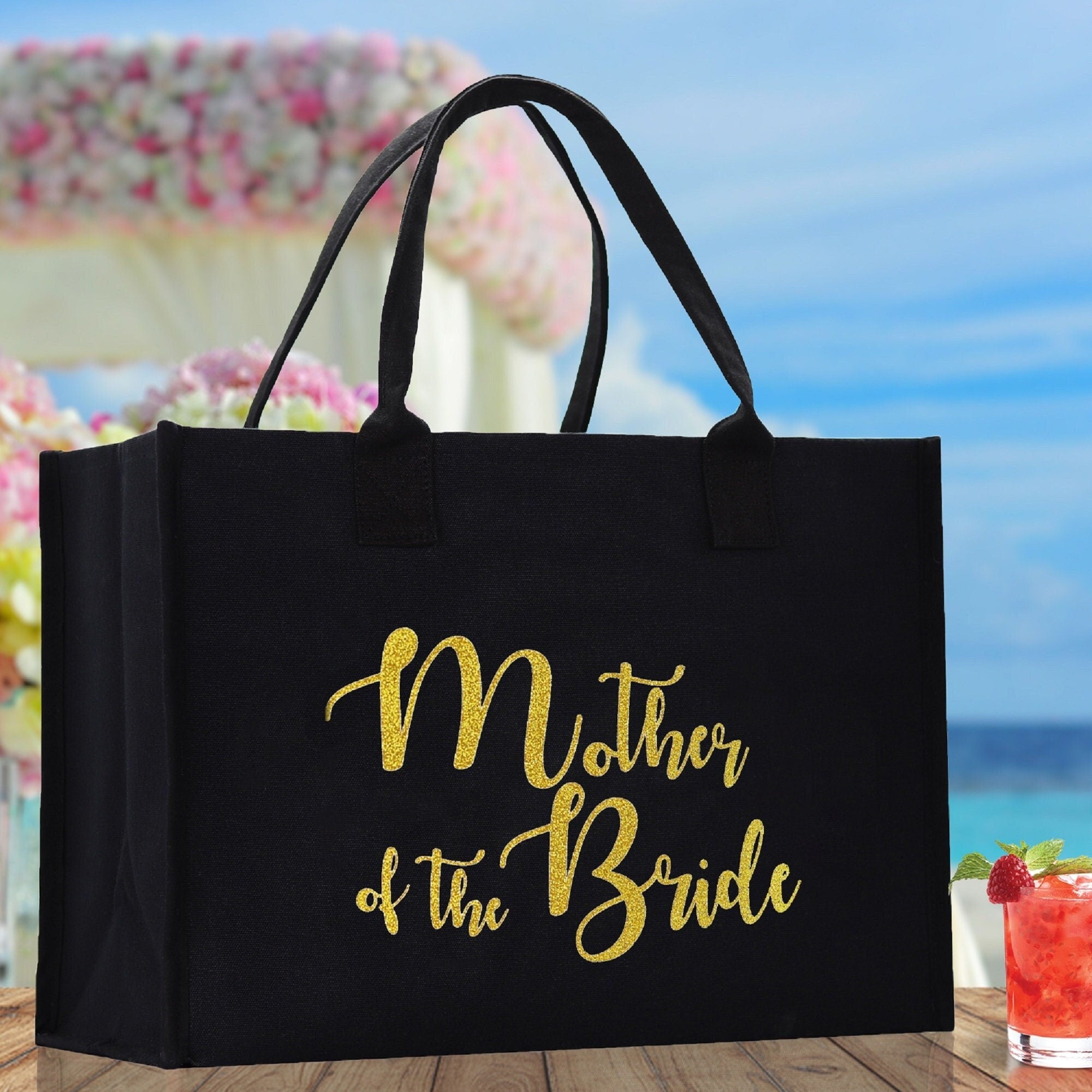 Mother of The Bride Large Print Tote Bag 100% Cotton Canvas Bridal Party Tote Bachelorette Bag Bridal Chic Tote Bags Wedding Totes - Aaria Tees Aaria Tees