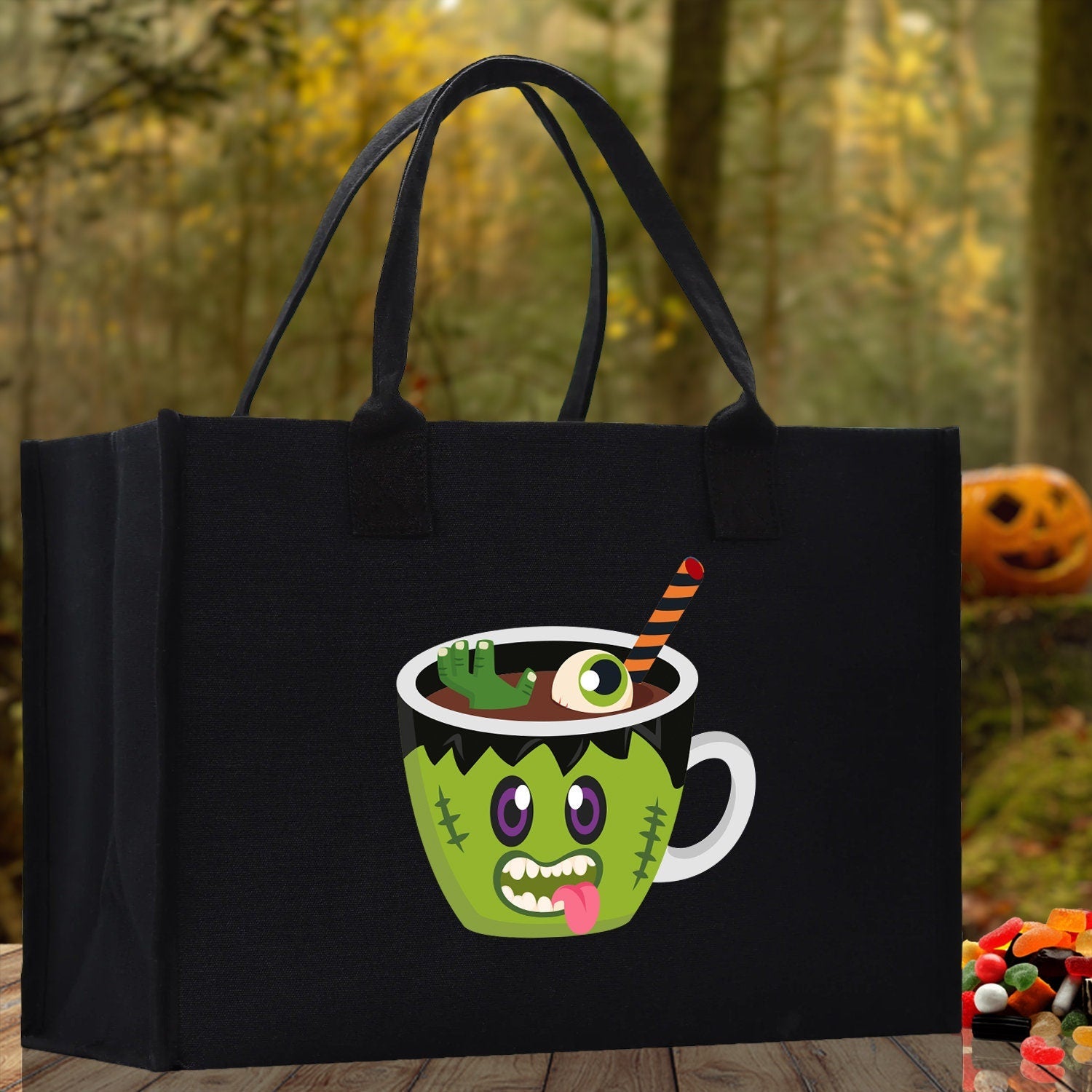 Halloween Trick or Treat Tote Bag Halloween Tote Bag for Kids Halloween Gift Halloween Candy Bag Halloween Doodles Cute Canvas Tote Bag - Aaria Tees Aaria Tees