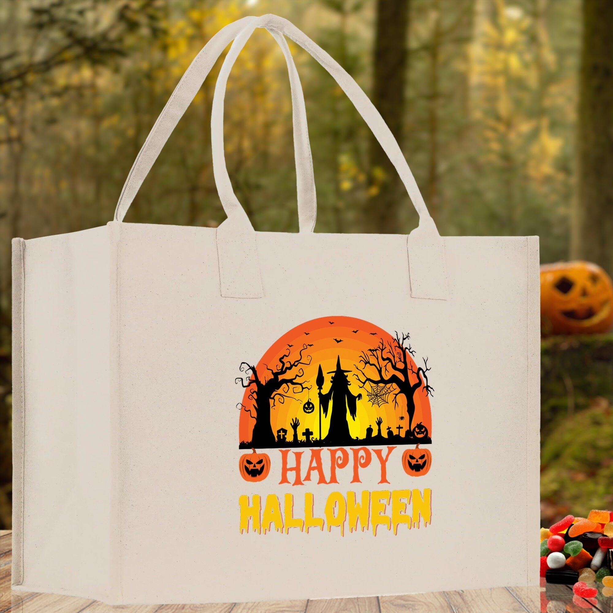 Halloween Trick or Treat Tote Bag Halloween Tote Bag for Kids Halloween Gift Halloween Candy Bag Halloween Doodles Cute Canvas Tote Bag - Aaria Tees Aaria Tees