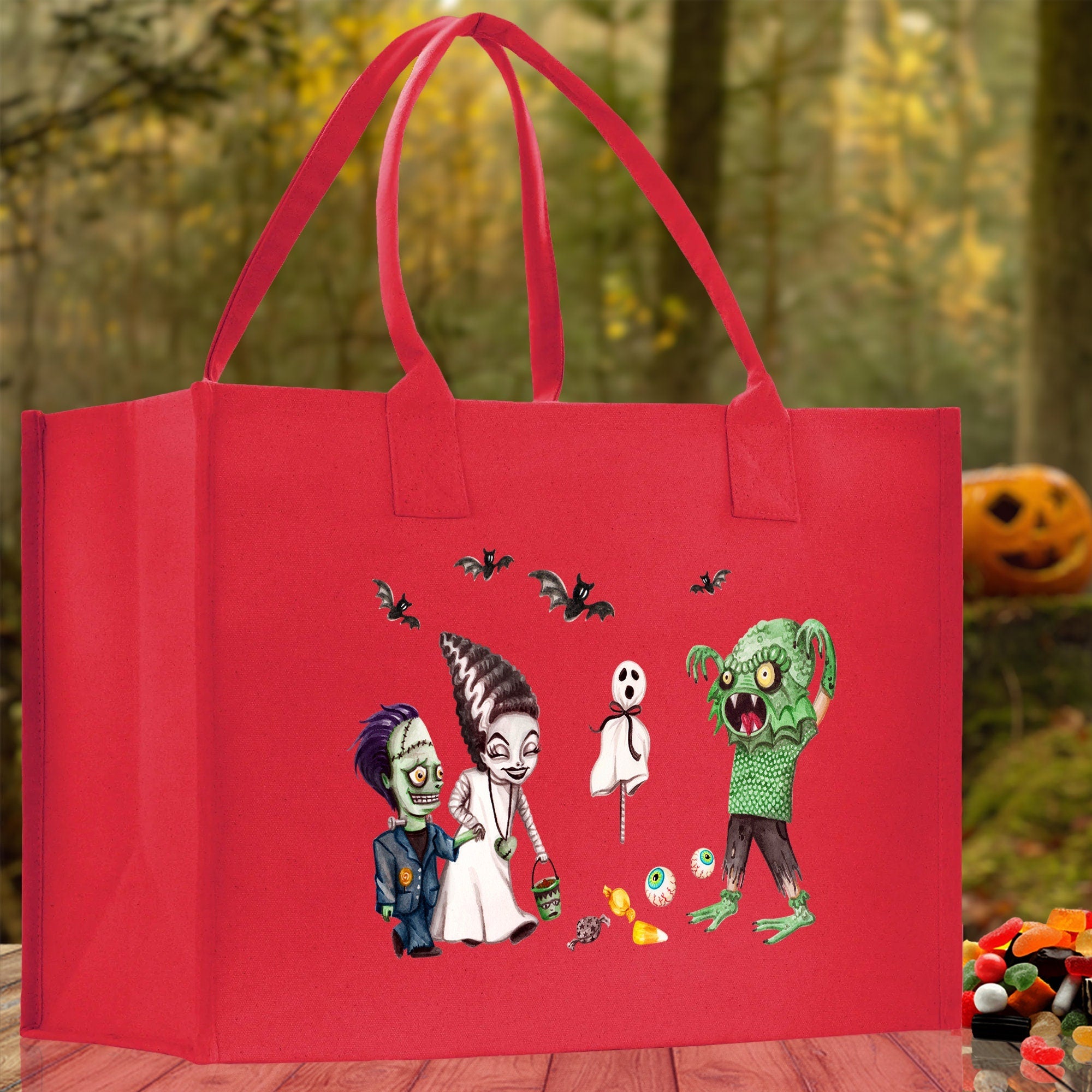 Halloween Trick or Treat Tote Bag Halloween Tote Bag for Kids Halloween Gift Halloween Candy Bag Halloween Doodles Cute Canvas Tote Bag - Aaria Tees Aaria Tees