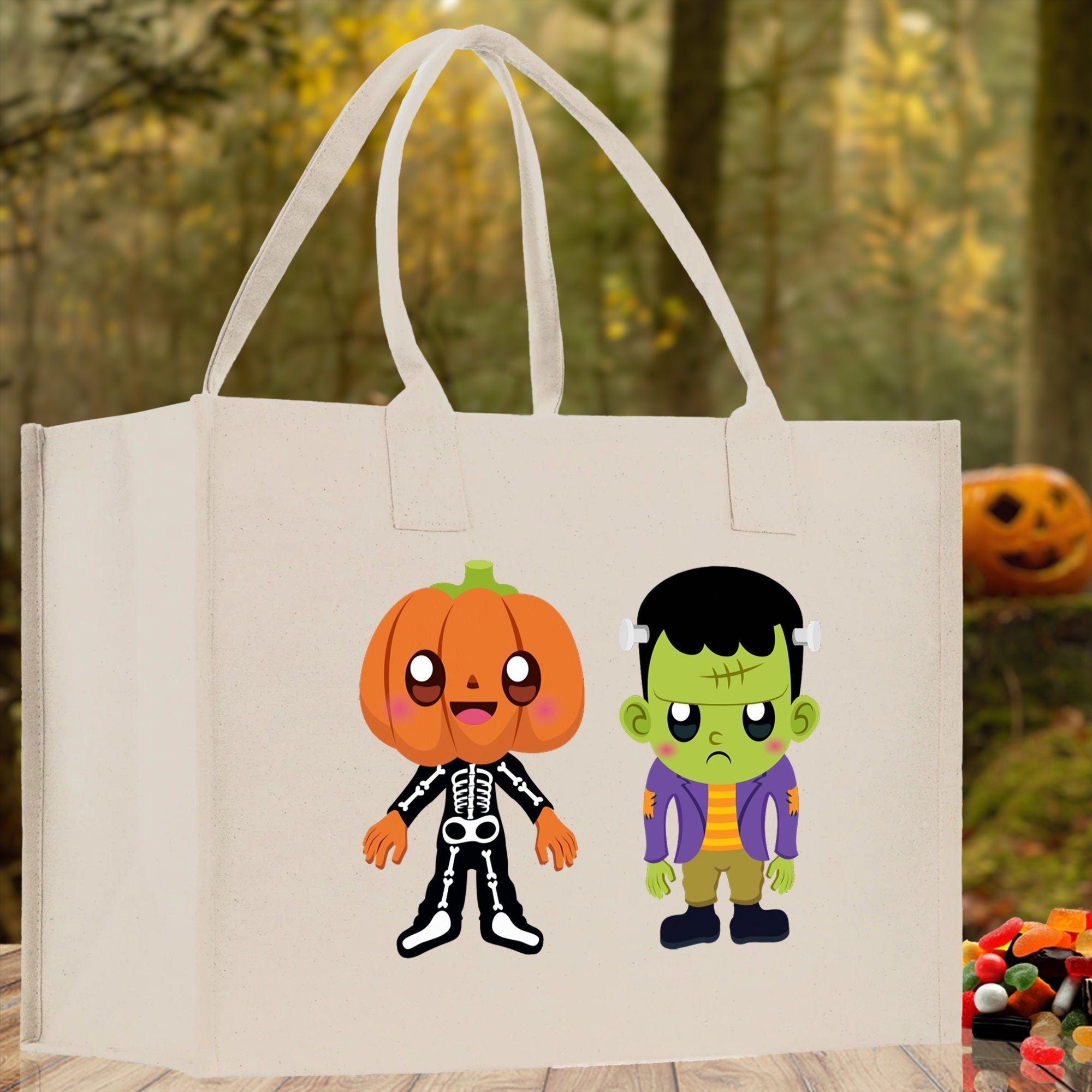 Halloween Trick or Treat Tote Bag Halloween Tote Bag for Kids Halloween Gift Halloween Candy Bag Halloween Doodles Cute Canvas Tote Bag - Aaria Tees Aaria Tees