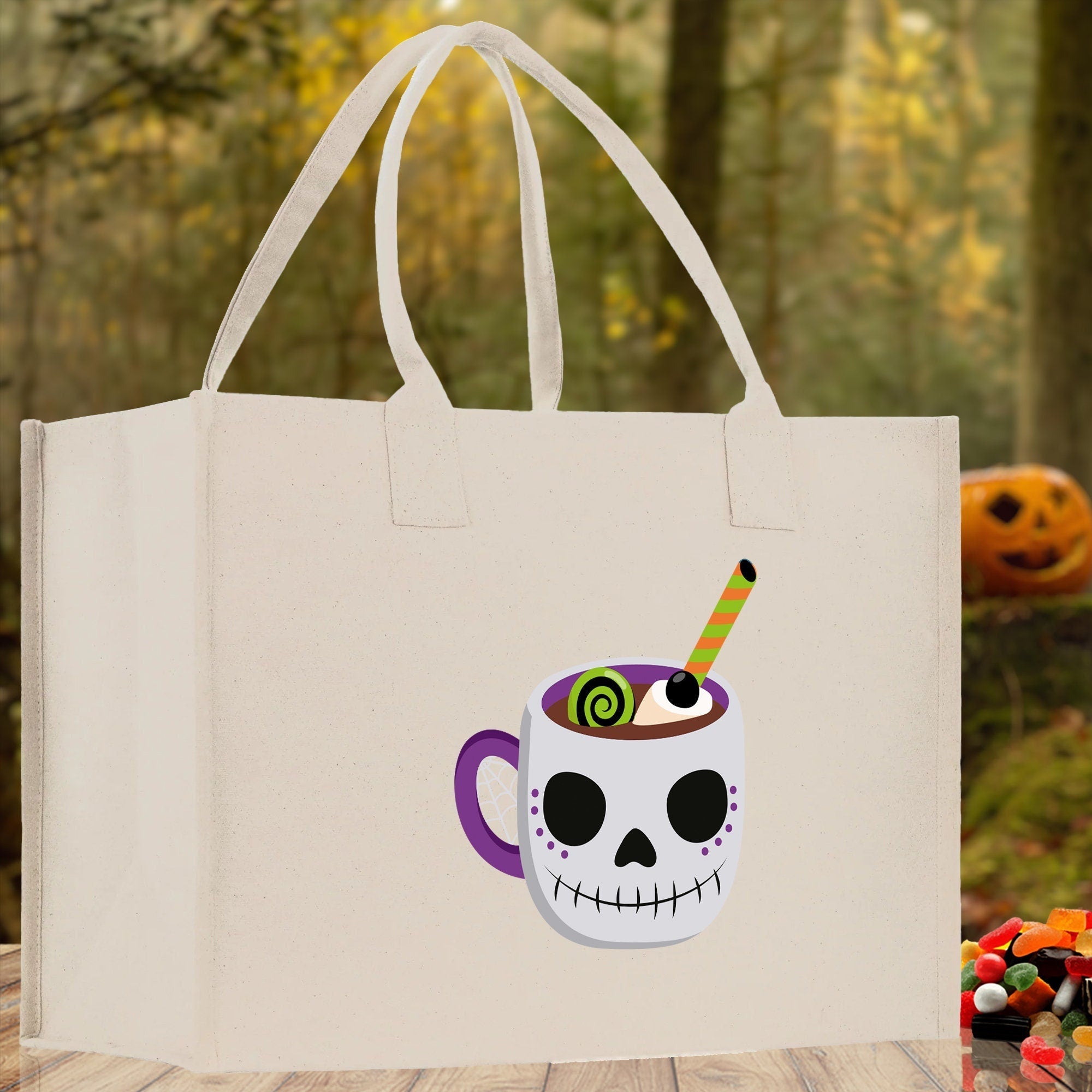 Halloween Trick or Treat Tote Bag Halloween Tote Bag for Kids Halloween Gift Halloween Candy Bag Halloween Doodles Cute Canvas Tote Bag - Aaria Tees Aaria Tees