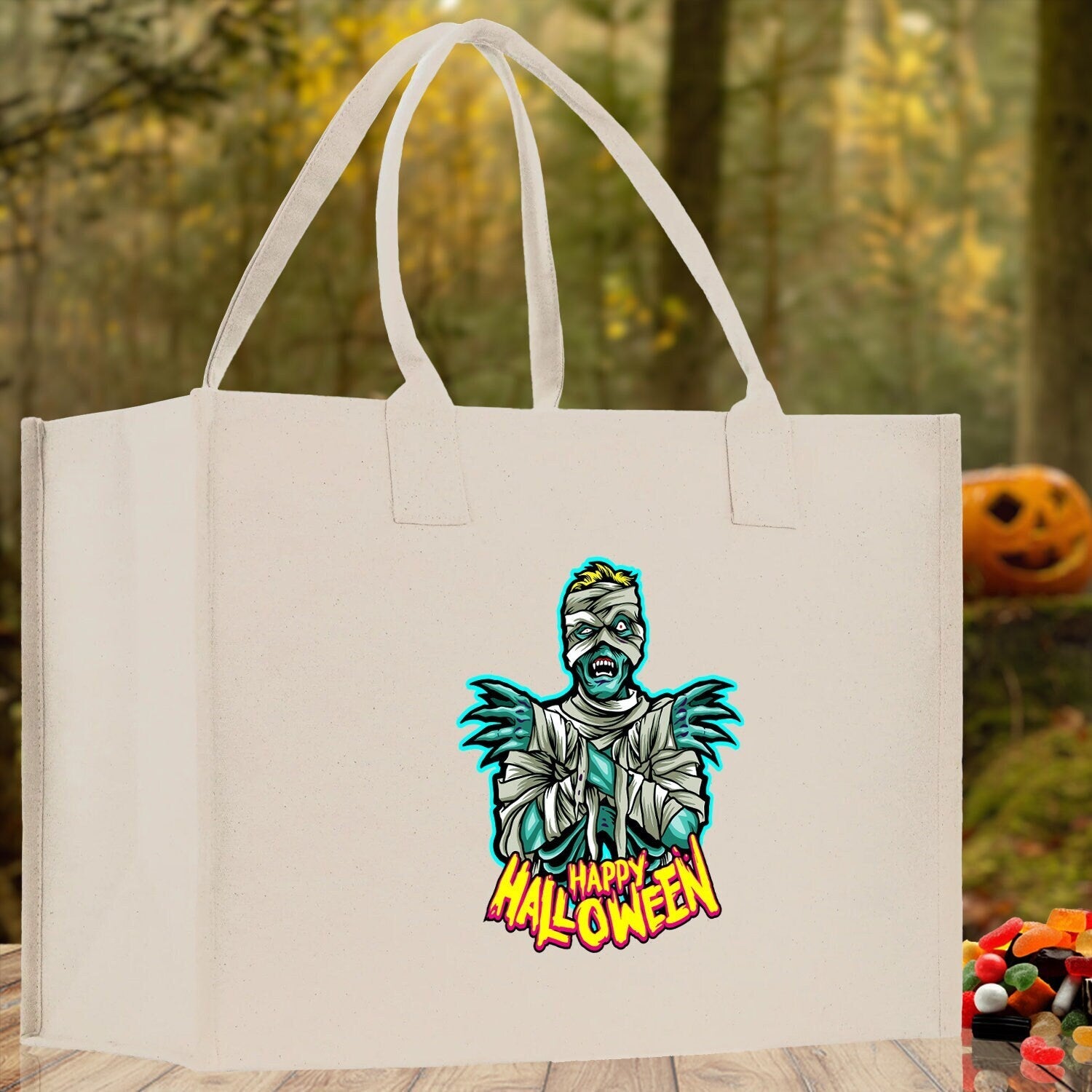Halloween Trick or Treat Tote Bag Halloween Tote Bag for Kids Halloween Gift Halloween Candy Bag Halloween Doodles Cute Canvas Tote Bag - Aaria Tees Aaria Tees