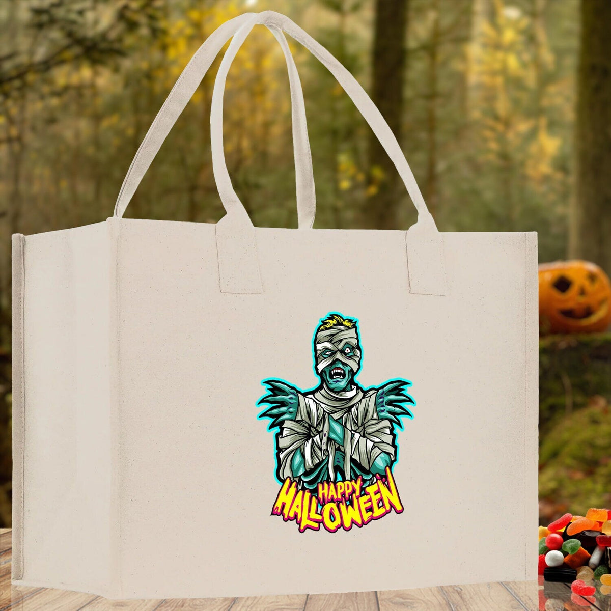 Halloween Trick or Treat Tote Bag Halloween Tote Bag for Kids Halloween Gift Halloween Candy Bag Halloween Doodles Cute Canvas Tote Bag - Aaria Tees