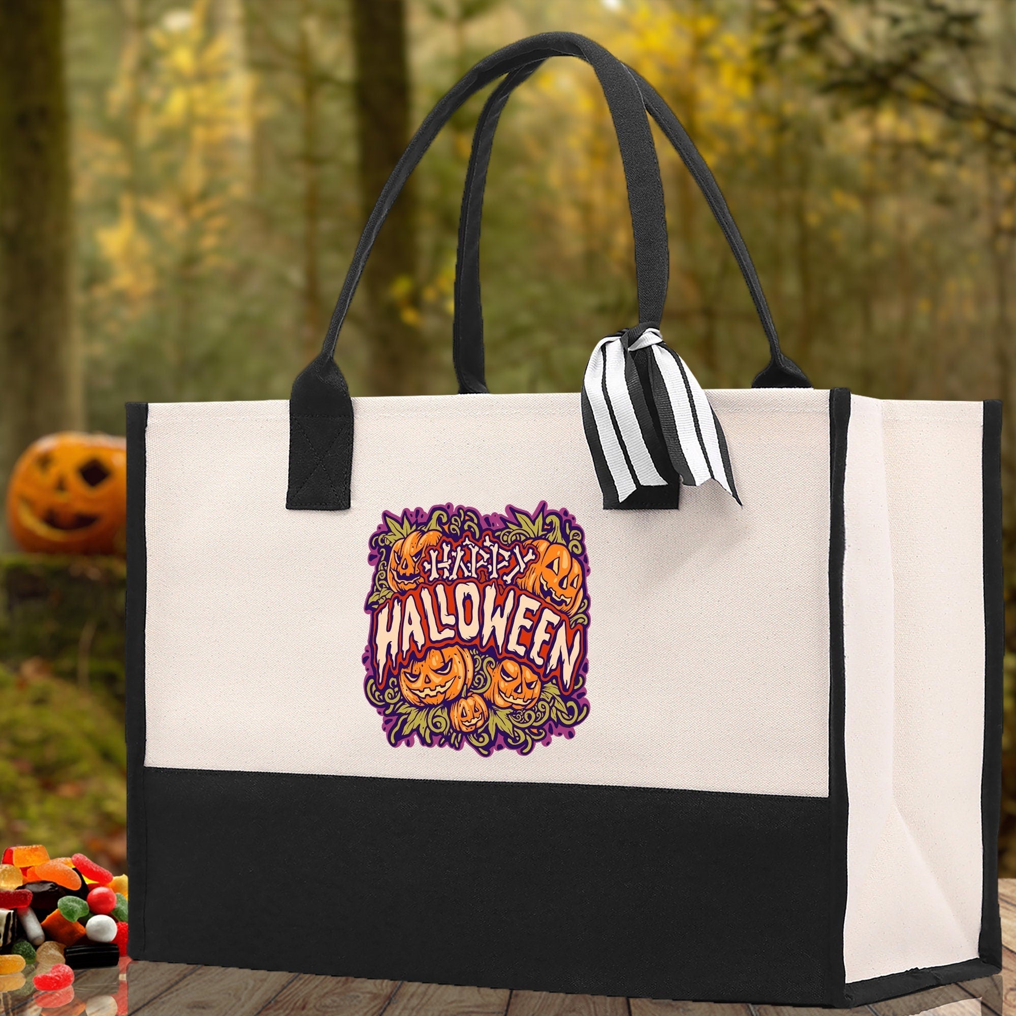 Halloween Trick or Treat Tote Bag Halloween Tote Bag for Kids Halloween Gift Halloween Candy Bag Halloween Doodles Cute Canvas Tote Bag - Aaria Tees Aaria Tees