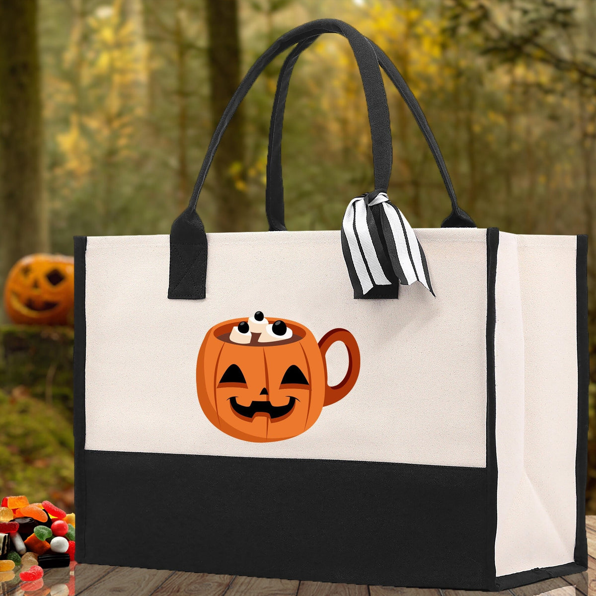 Halloween Trick or Treat Tote Bag Halloween Tote Bag for Kids Halloween Gift Halloween Candy Bag Halloween Doodles Cute Canvas Tote Bag - Aaria Tees