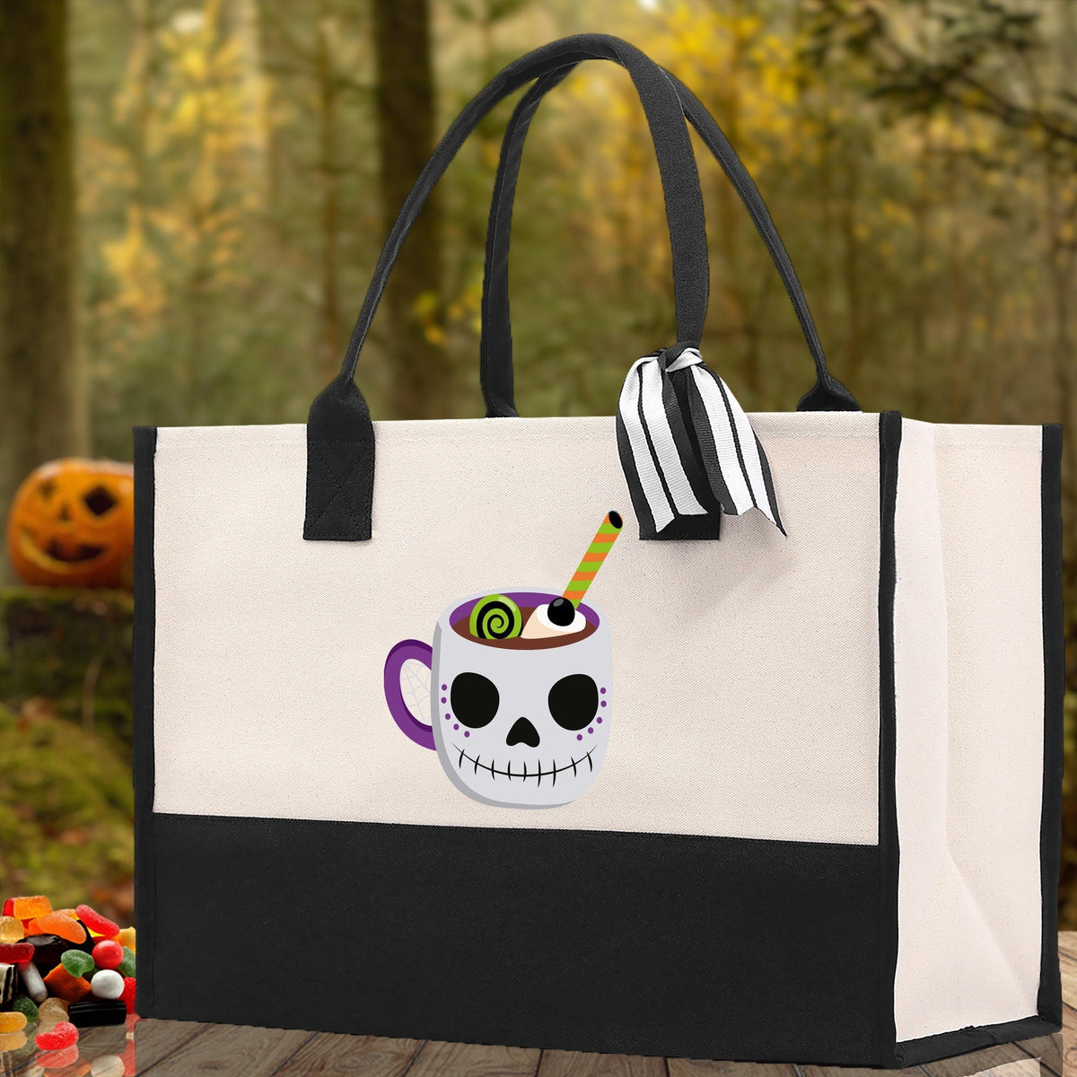 Halloween Trick or Treat Tote Bag Halloween Tote Bag for Kids Halloween Gift Halloween Candy Bag Halloween Doodles Cute Canvas Tote Bag - Aaria Tees
