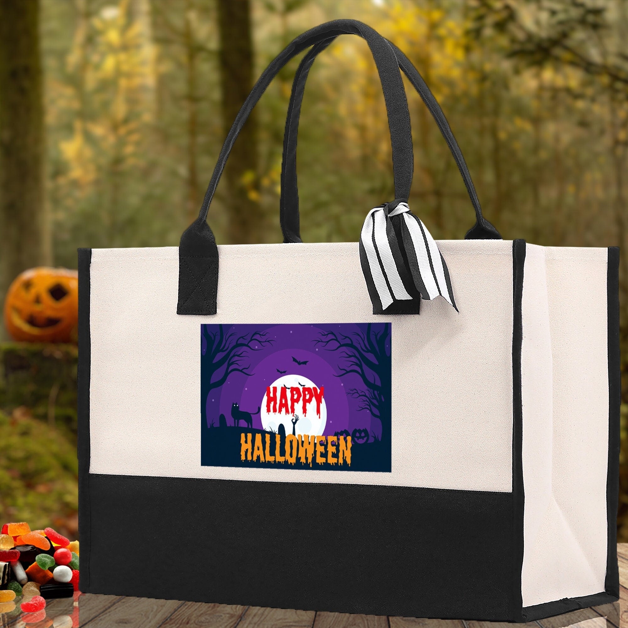 Halloween Trick or Treat Tote Bag Halloween Tote Bag for Kids Halloween Gift Halloween Candy Bag Halloween Doodles Cute Canvas Tote Bag - Aaria Tees Aaria Tees