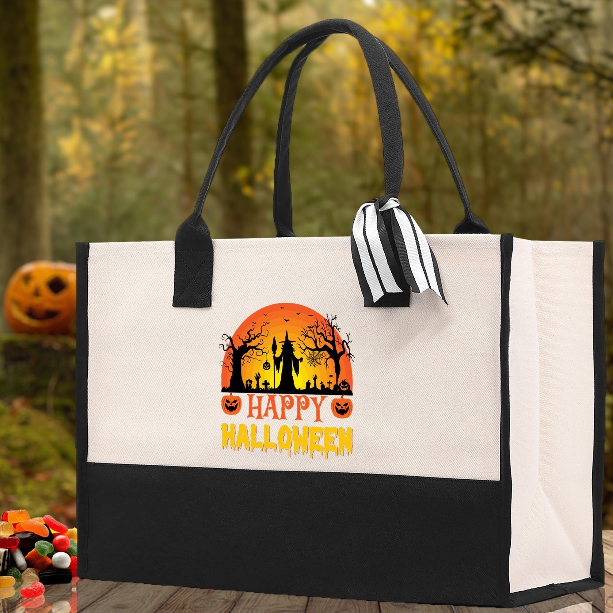 Halloween Trick or Treat Tote Bag Halloween Tote Bag for Kids Halloween Gift Halloween Candy Bag Halloween Doodles Cute Canvas Tote Bag - Aaria Tees Aaria Tees