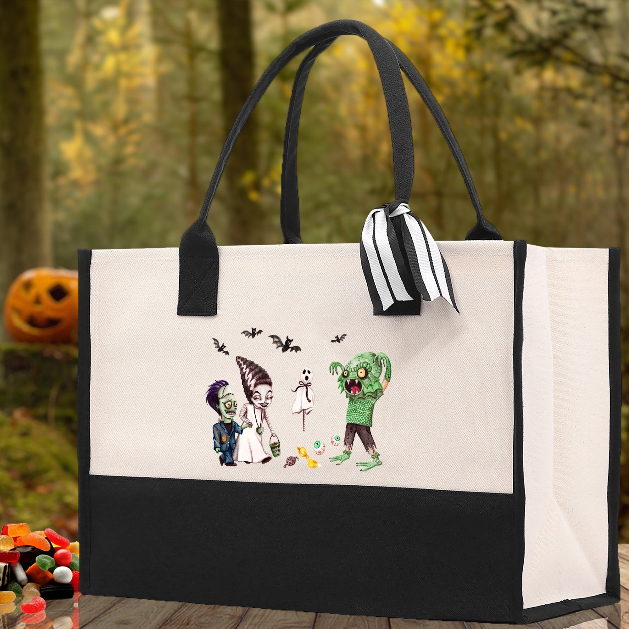 Halloween Trick or Treat Tote Bag Halloween Tote Bag for Kids Halloween Gift Halloween Candy Bag Halloween Doodles Cute Canvas Tote Bag - Aaria Tees Aaria Tees