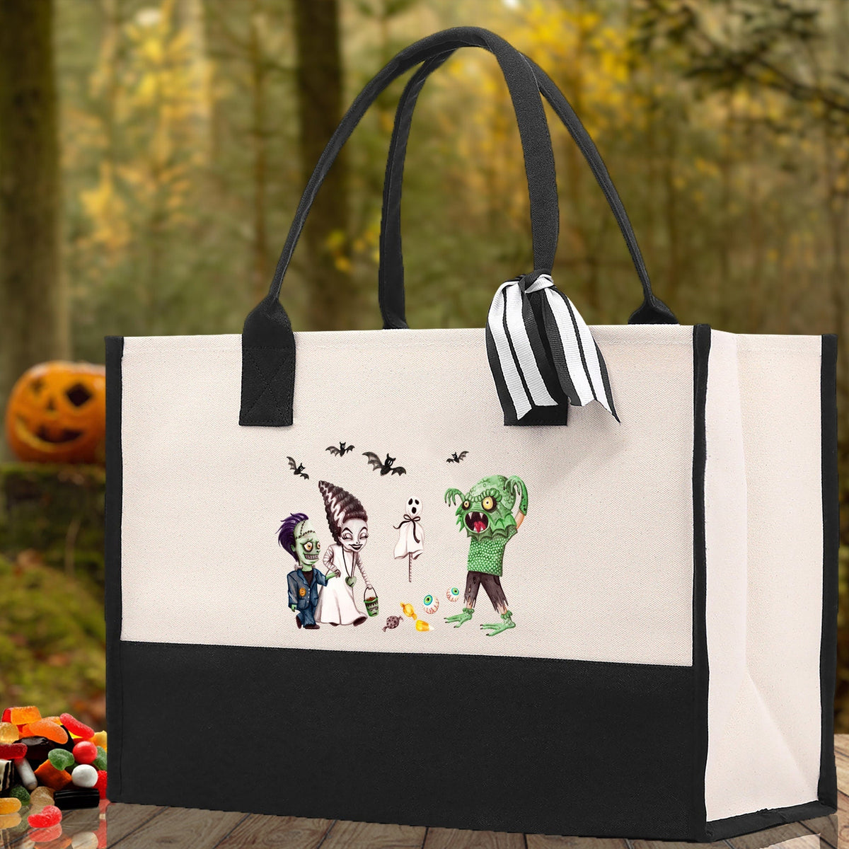 Halloween Trick or Treat Tote Bag Halloween Tote Bag for Kids Halloween Gift Halloween Candy Bag Halloween Doodles Cute Canvas Tote Bag - Aaria Tees