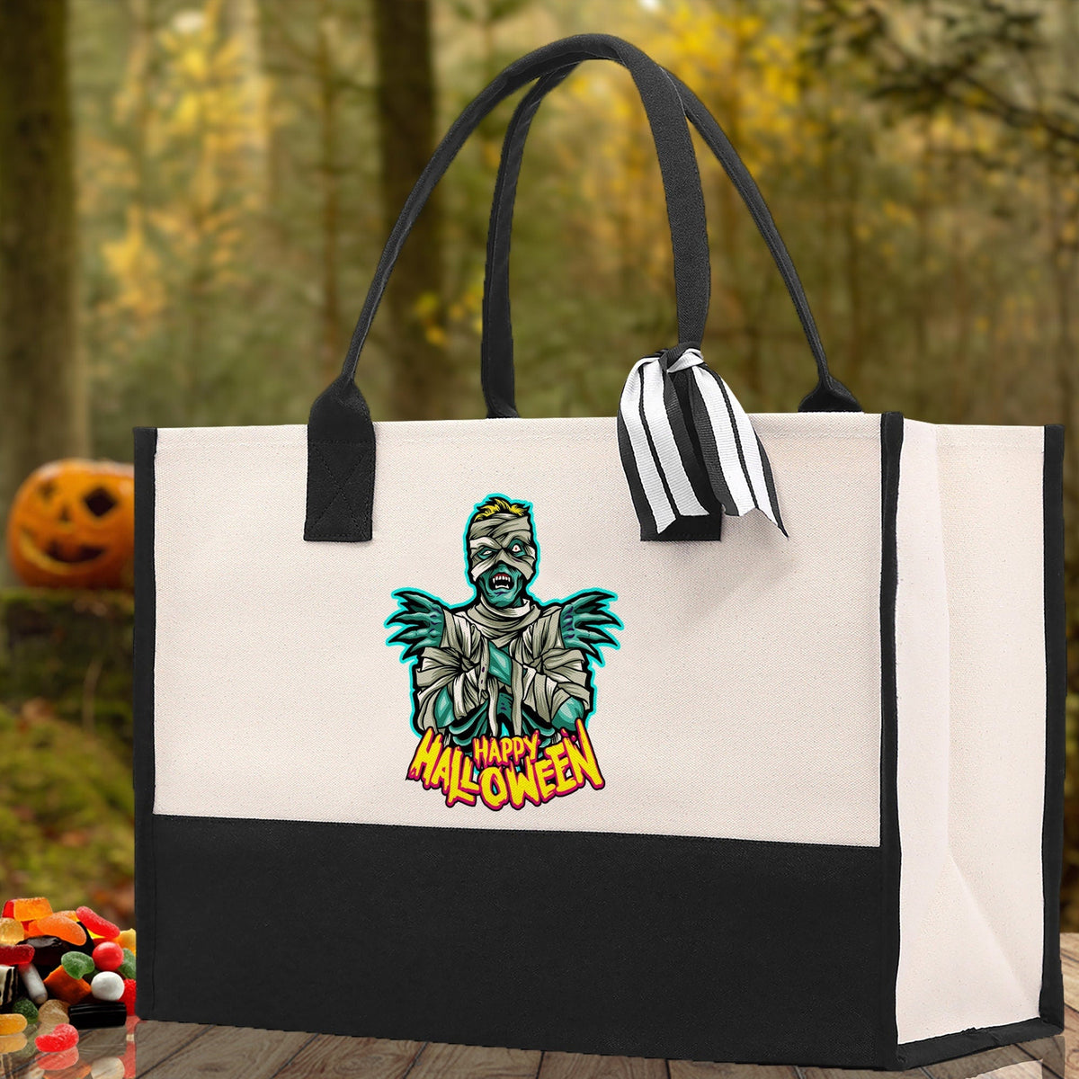 Halloween Trick or Treat Tote Bag Halloween Tote Bag for Kids Halloween Gift Halloween Candy Bag Halloween Doodles Cute Canvas Tote Bag - Aaria Tees