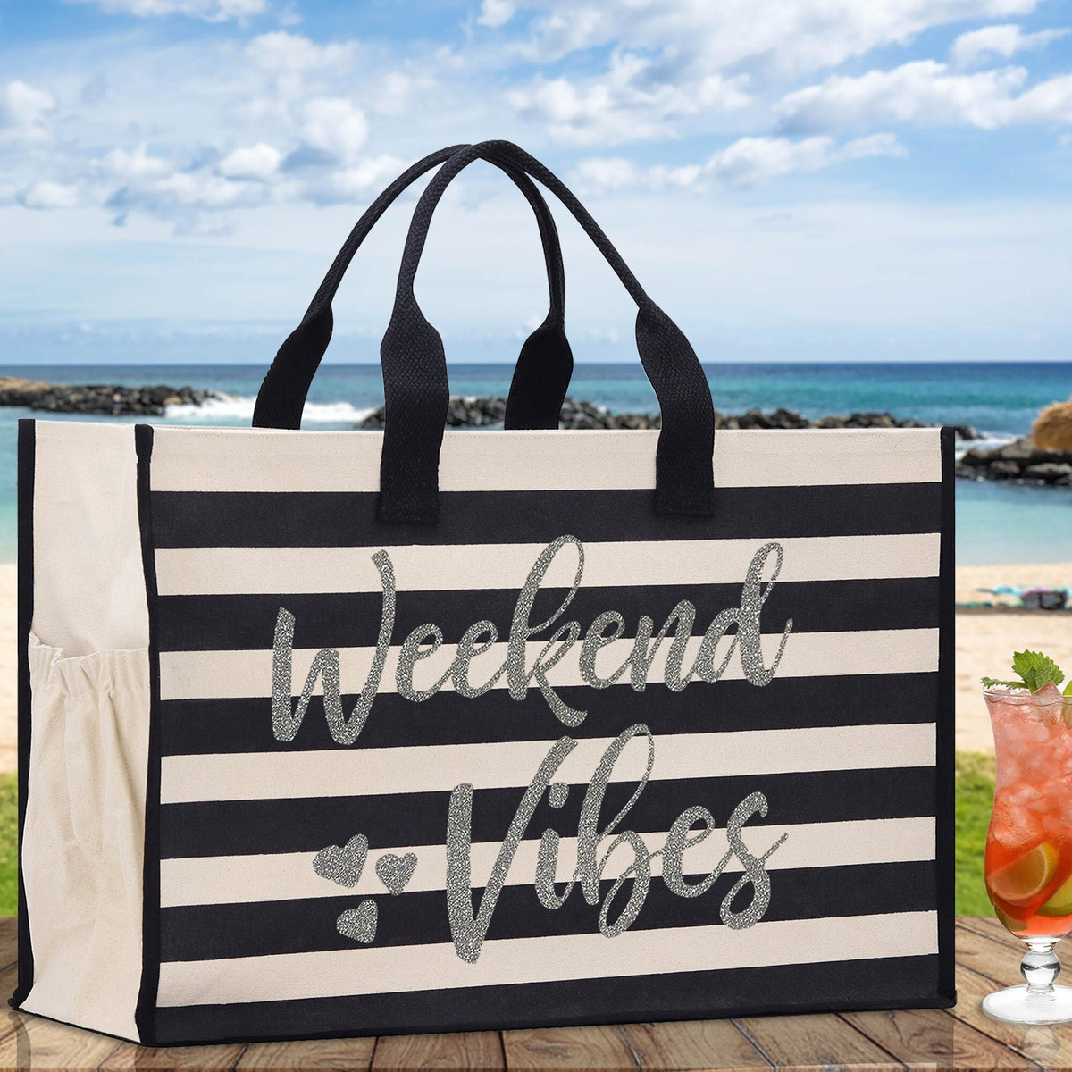 Weekend Vibes Cabana Tote Bag XL - Oversized Chic Tote Bag with Zipper and Inner Pocket - Beach Bag for Women - Weekender Beach Tote - Aaria Tees