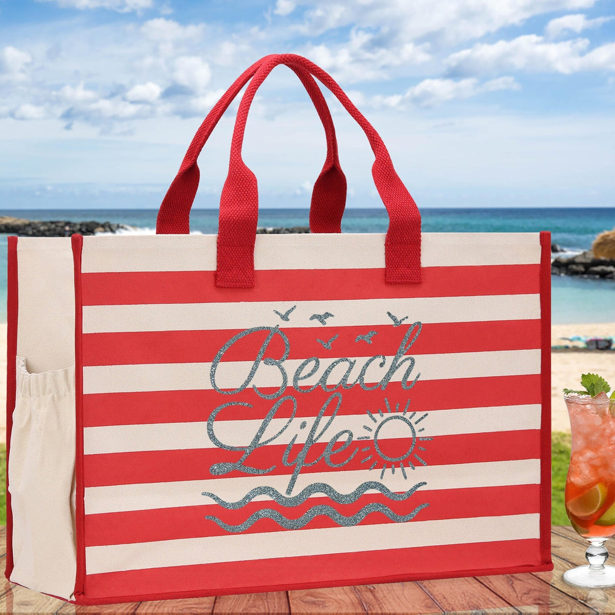 Beach Life Cabana Tote Bag XL - Oversized Chic Tote Bag with Zipper and Inner Pocket - Beach Bag for Women - Weekender Beach Tote - Aaria Tees