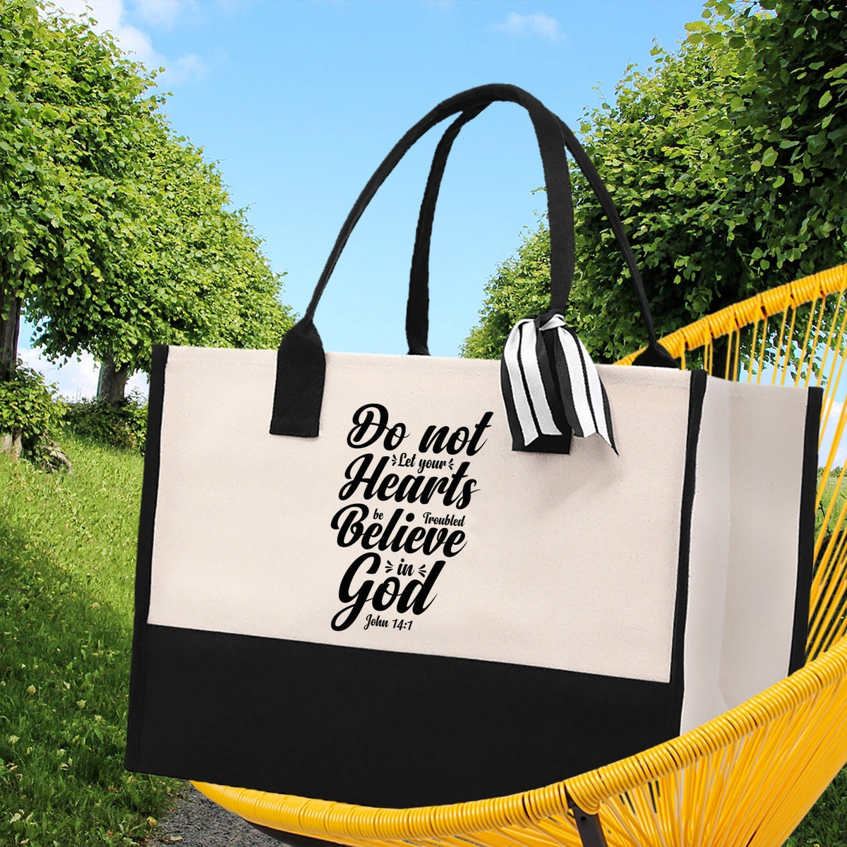 Do not Let Your heart Be Troubled Believe in God John 14:1 Religious Canvas Tote Bag Gift for Women Bible Verse Gift Church Tote Bag - Aaria Tees