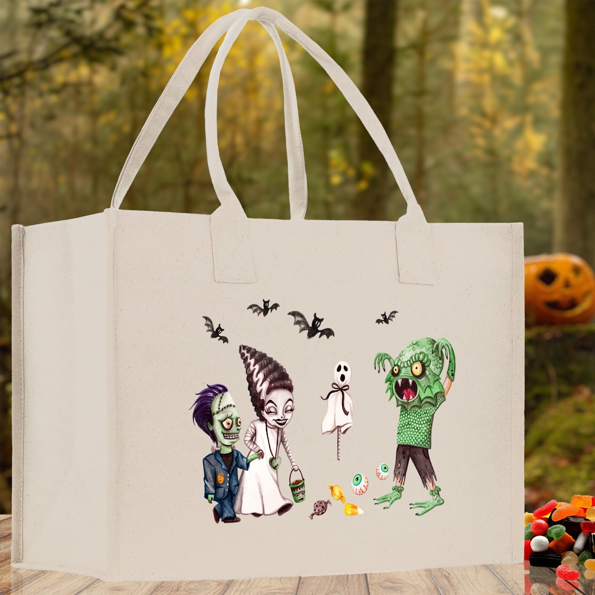 Halloween Trick or Treat Tote Bag Halloween Tote Bag for Kids Halloween Gift Halloween Candy Bag Halloween Doodles Cute Canvas Tote Bag - Aaria Tees Aaria Tees