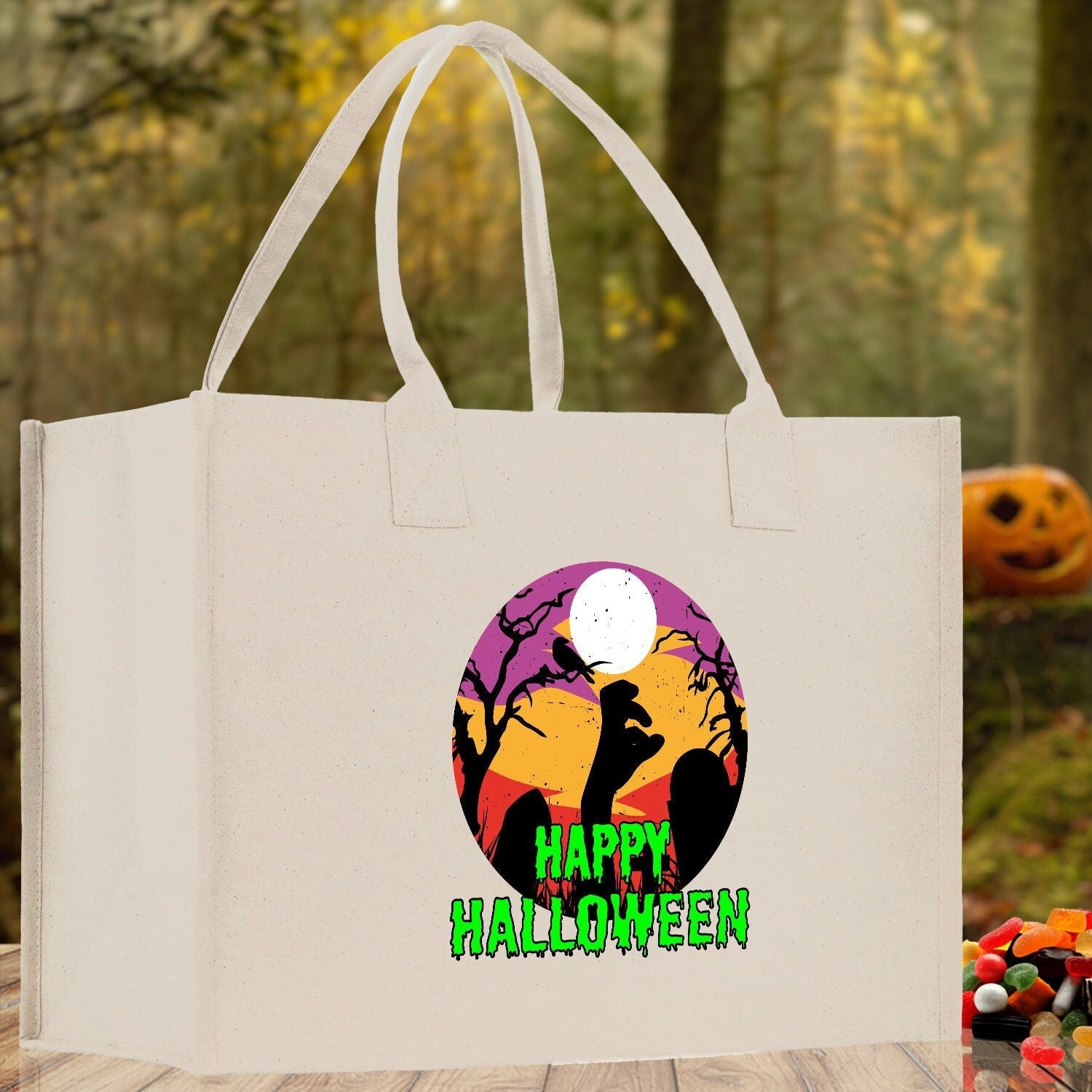 Halloween Trick or Treat Tote Bag Halloween Tote Bag for Kids Halloween Gift Halloween Candy Bag Halloween Doodles Cute Canvas Tote Bag - Aaria Tees Aaria Tees
