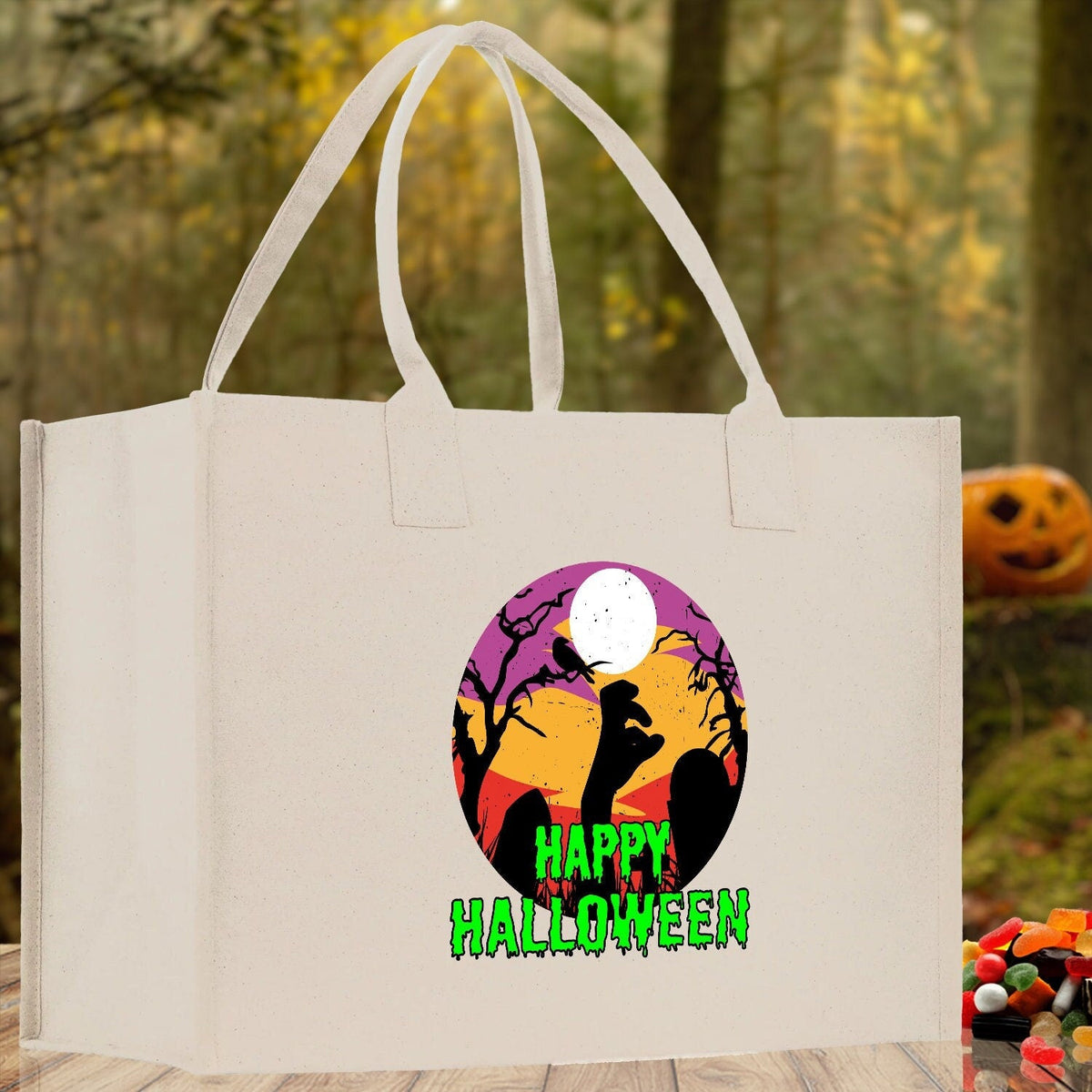Halloween Trick or Treat Tote Bag Halloween Tote Bag for Kids Halloween Gift Halloween Candy Bag Halloween Doodles Cute Canvas Tote Bag - Aaria Tees