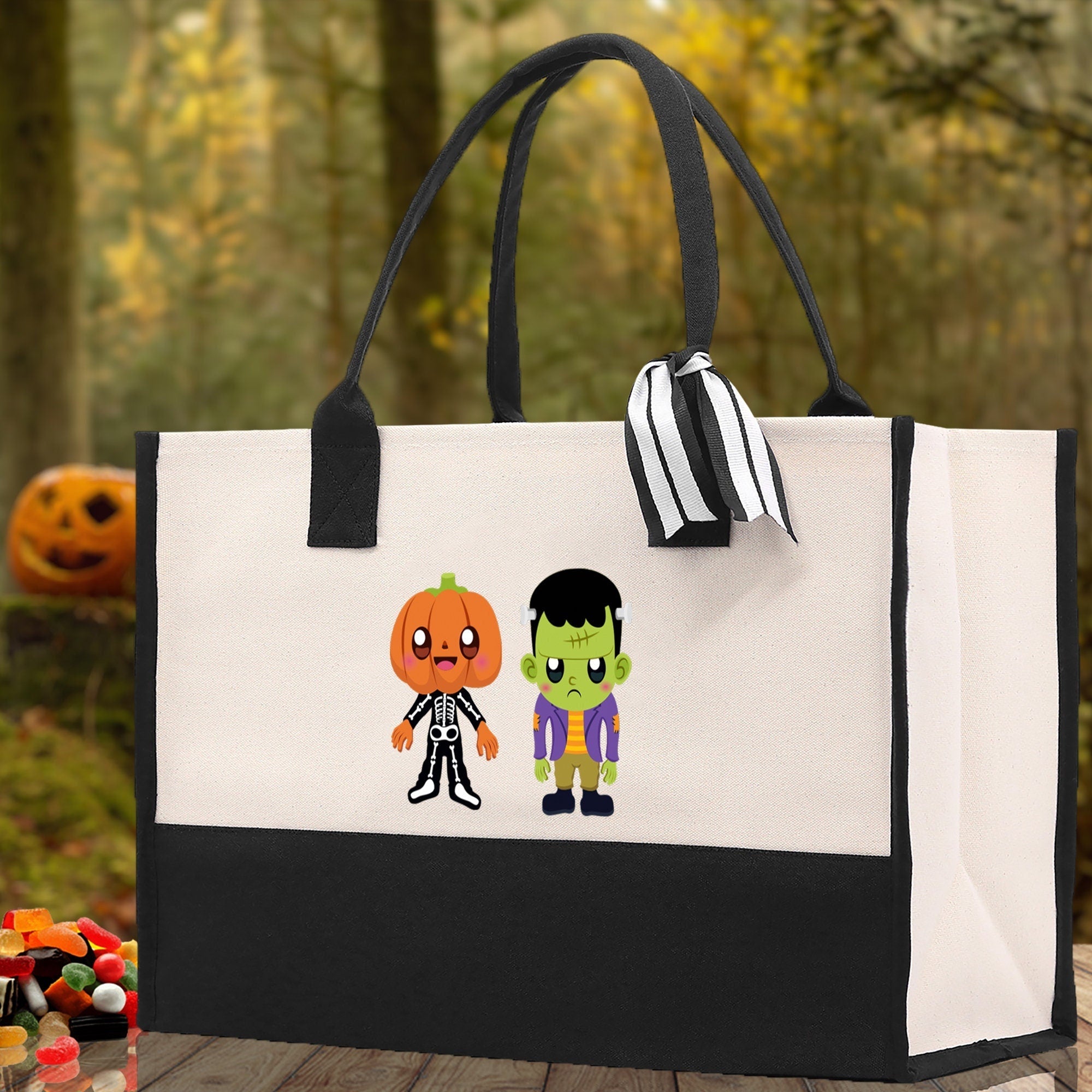 Halloween Trick or Treat Tote Bag Halloween Tote Bag for Kids Halloween Gift Halloween Candy Bag Halloween Doodles Cute Canvas Tote Bag - Aaria Tees Aaria Tees