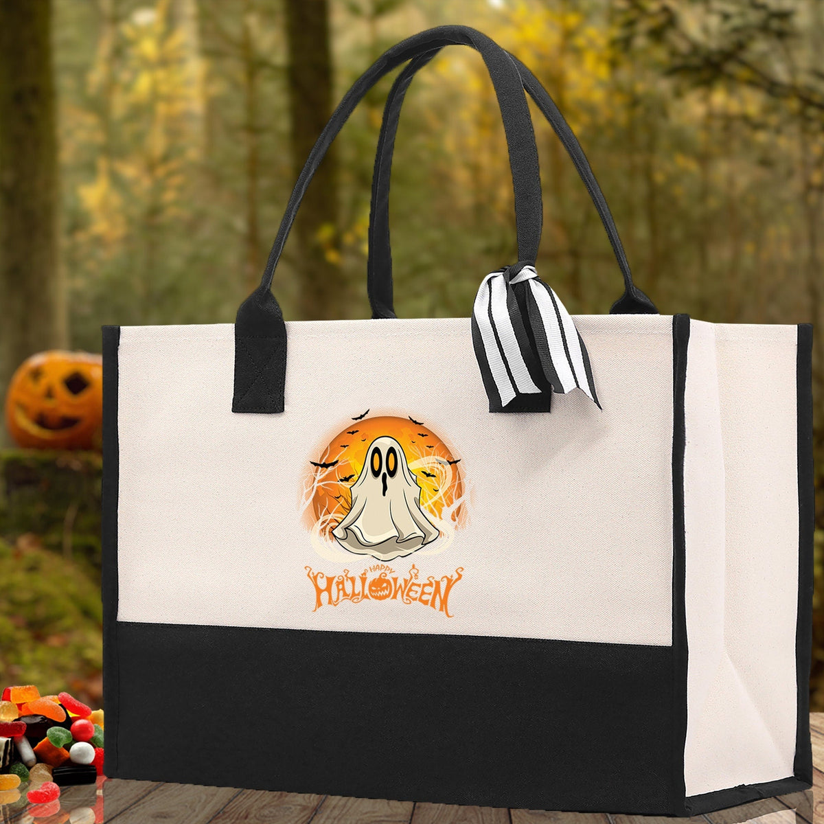 Halloween Trick or Treat Tote Bag Halloween Tote Bag for Kids Halloween Gift Halloween Candy Bag Halloween Doodles Cute Canvas Tote Bag - Aaria Tees