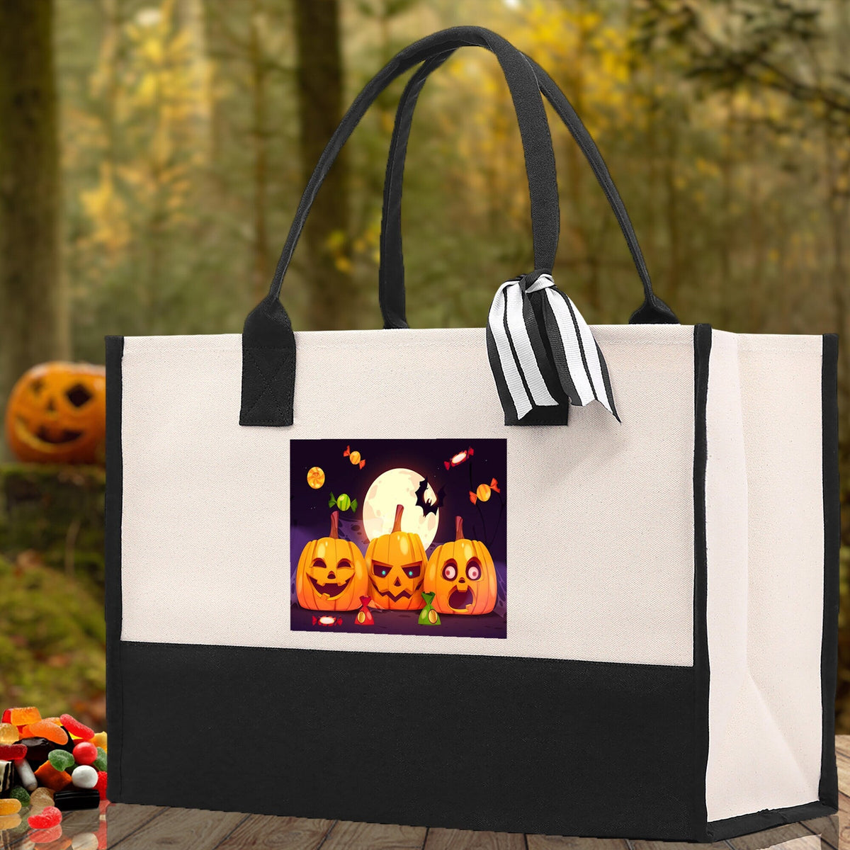 Halloween Trick or Treat Tote Bag Halloween Tote Bag for Kids Halloween Gift Halloween Candy Bag Halloween Doodles Cute Canvas Tote Bag - Aaria Tees