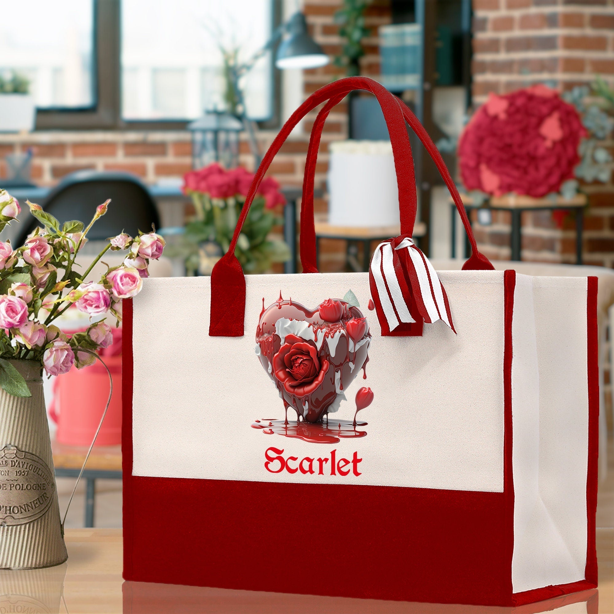 Personalized Heart Canvas Tote Bag Happy Valentines Day Gift Love Tote Bag Customize Lovers Gift Mother Day Gift Cute Valentines Gift - Aaria Tees Aaria Tees