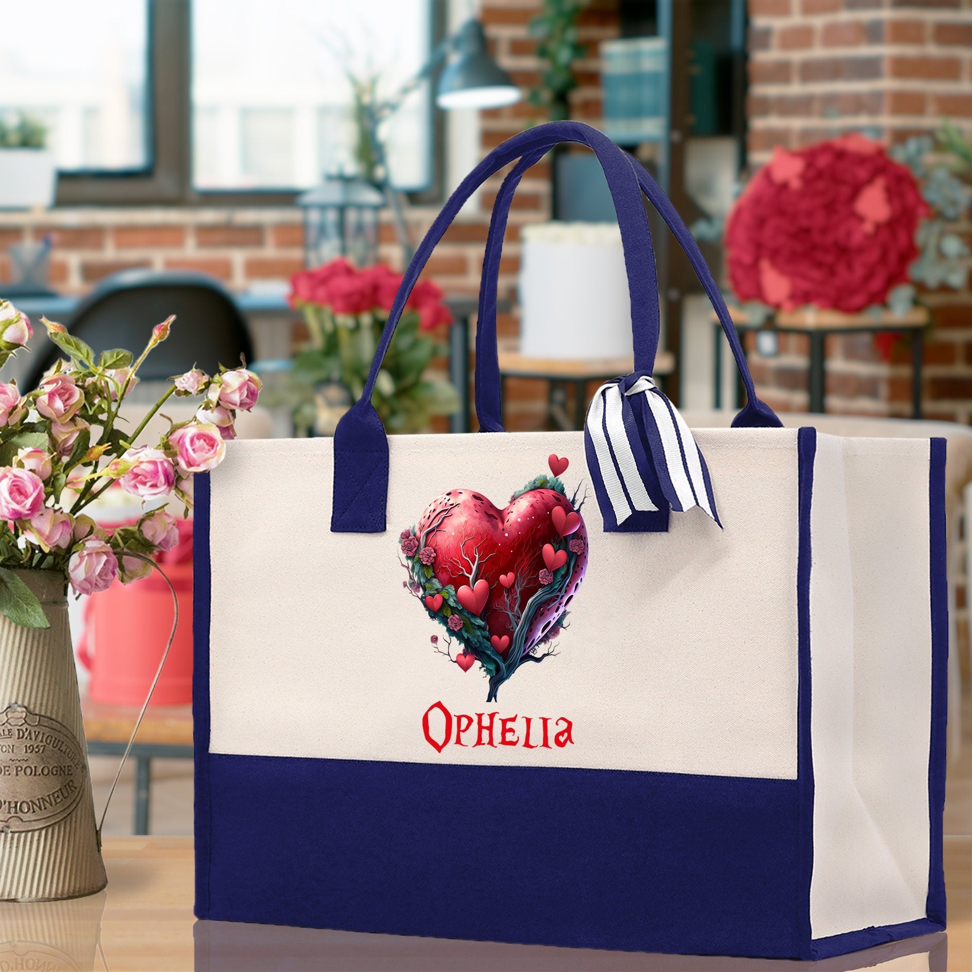 Personalized Heart Canvas Tote Bag Happy Valentines Day Gift Love Tote Bag Customize Lovers Gift Mother Day Gift Cute Valentines Gift - Aaria Tees Aaria Tees