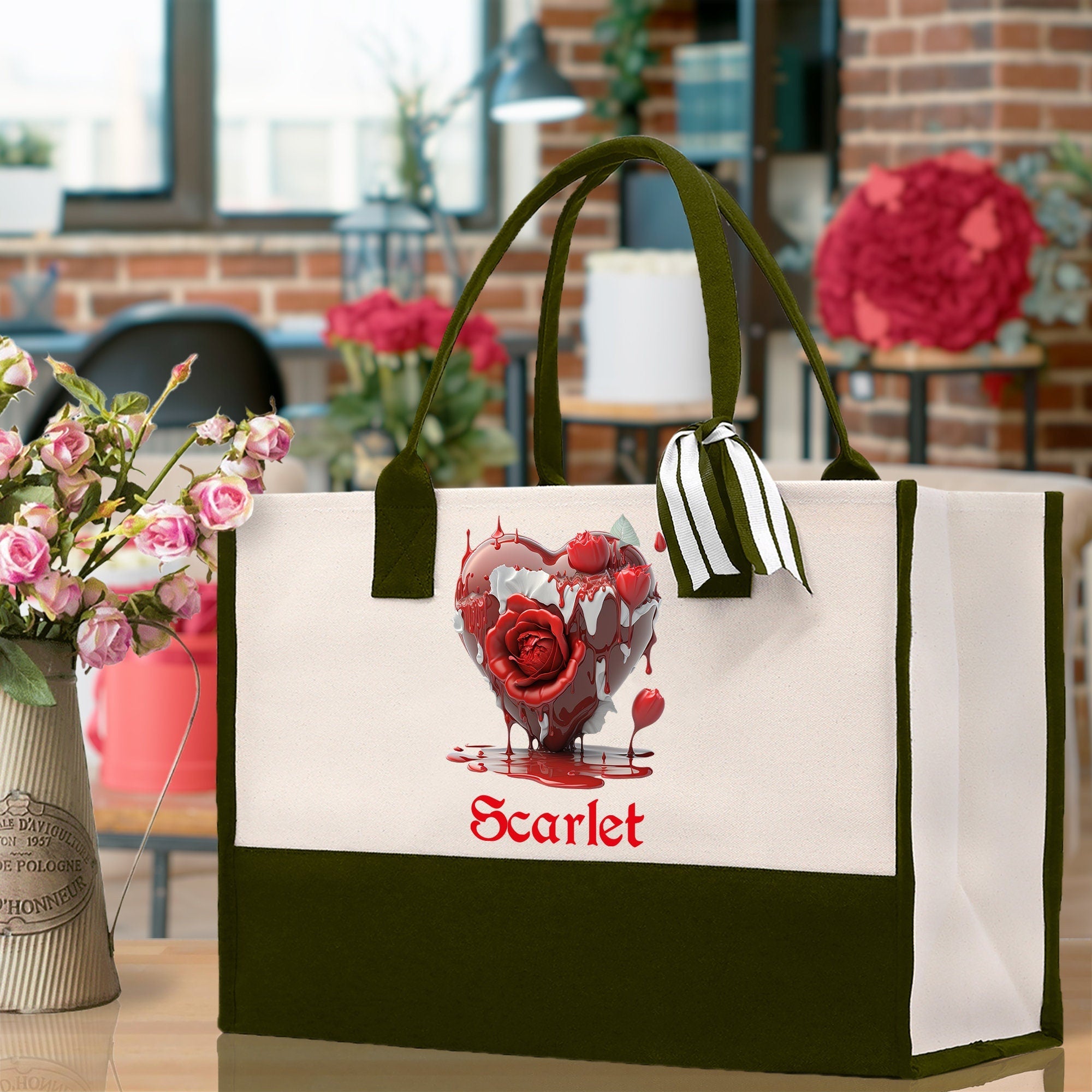 Personalized Heart Canvas Tote Bag Happy Valentines Day Gift Love Tote Bag Customize Lovers Gift Mother Day Gift Cute Valentines Gift - Aaria Tees Aaria Tees