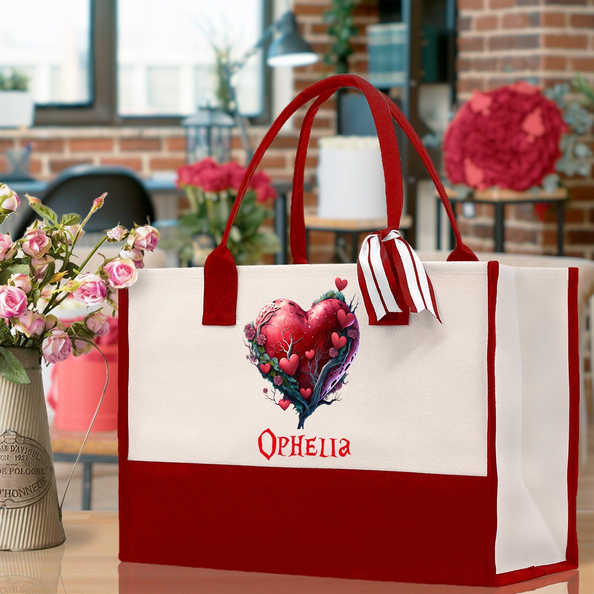 Personalized Heart Canvas Tote Bag Happy Valentines Day Gift Love Tote Bag Customize Lovers Gift Mother Day Gift Cute Valentines Gift - Aaria Tees Aaria Tees
