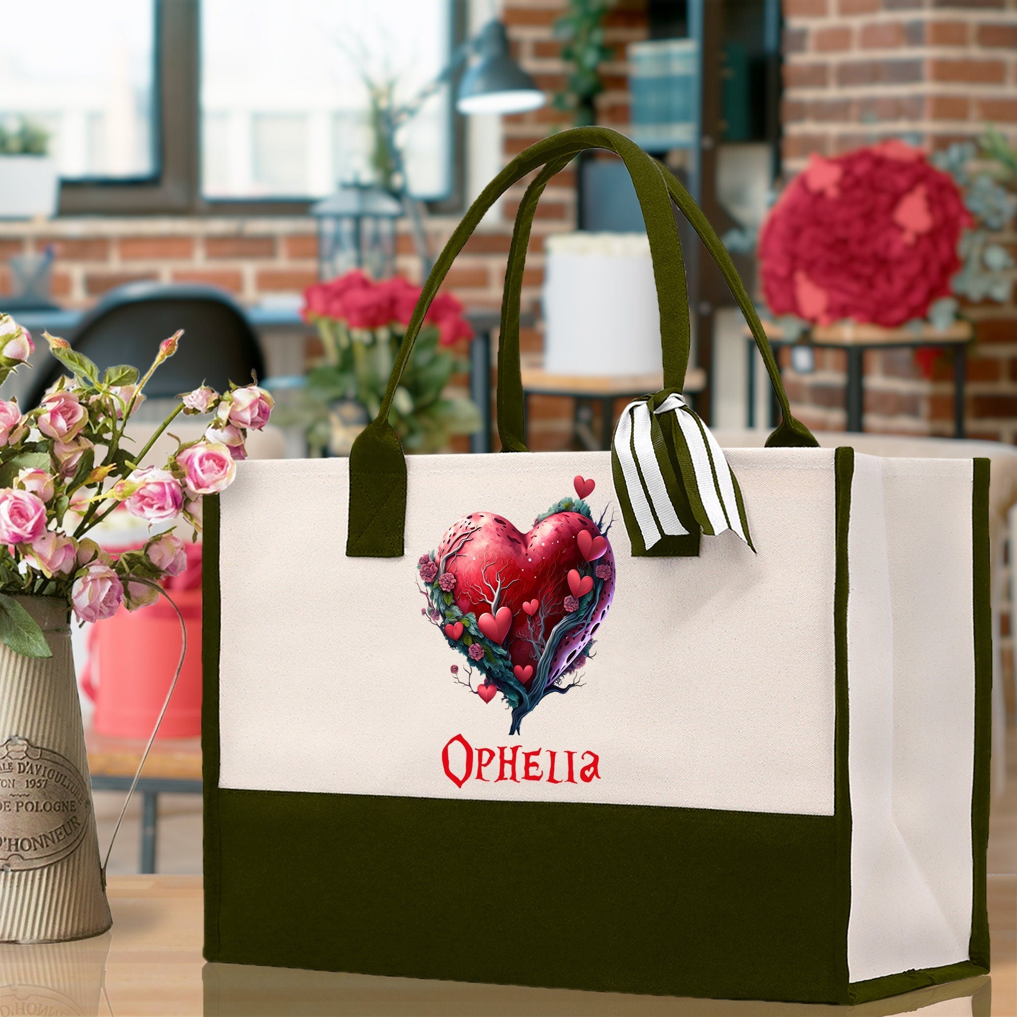 Personalized Heart Canvas Tote Bag Happy Valentines Day Gift Love Tote Bag Customize Lovers Gift Mother Day Gift Cute Valentines Gift - Aaria Tees Aaria Tees